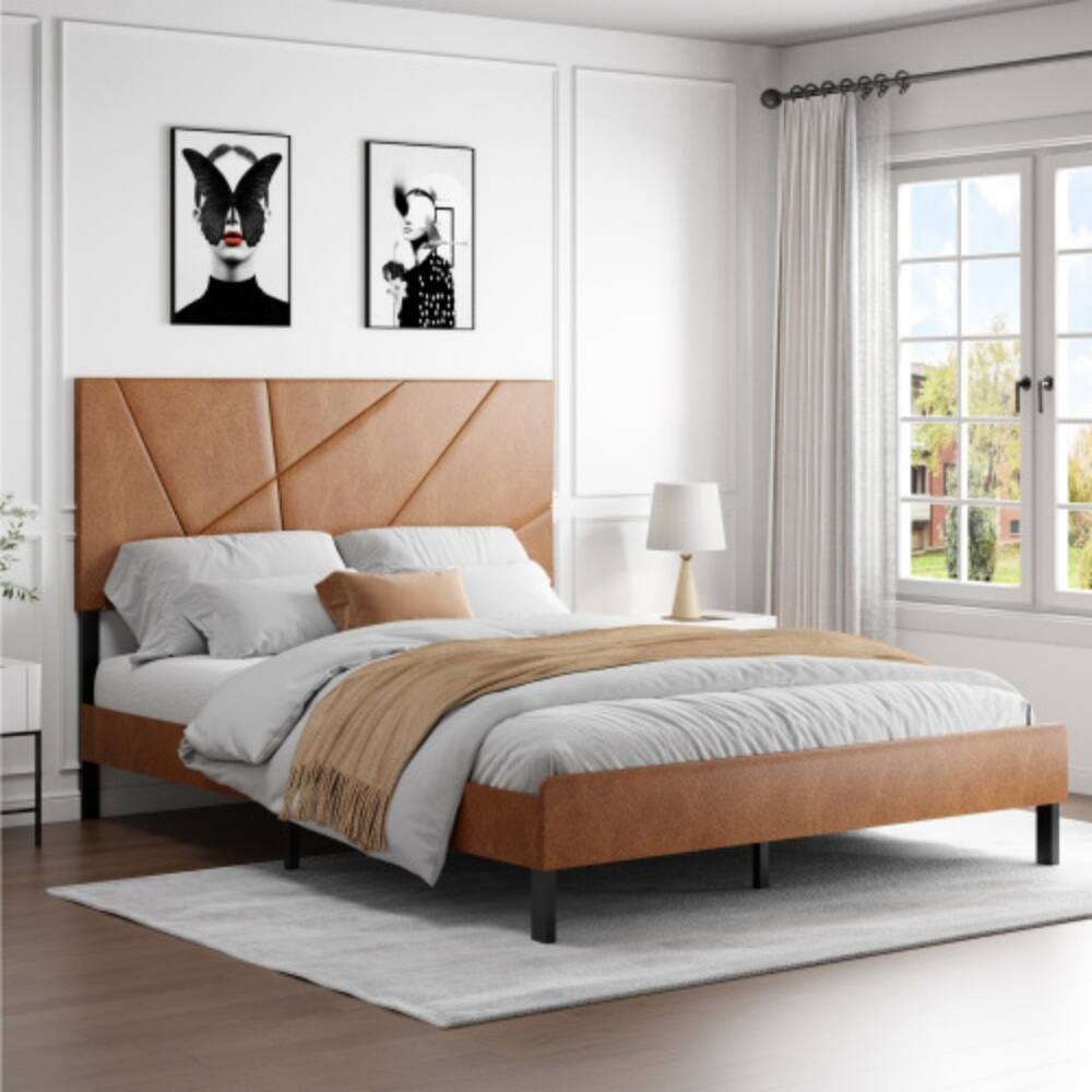 Angle. LUCKY ONE - Queen Size Metal Platform Bed Frame with Upholstered Headboard, Square Design, Under-Bed Storage, No Box Spring Needed - Antique brown.
