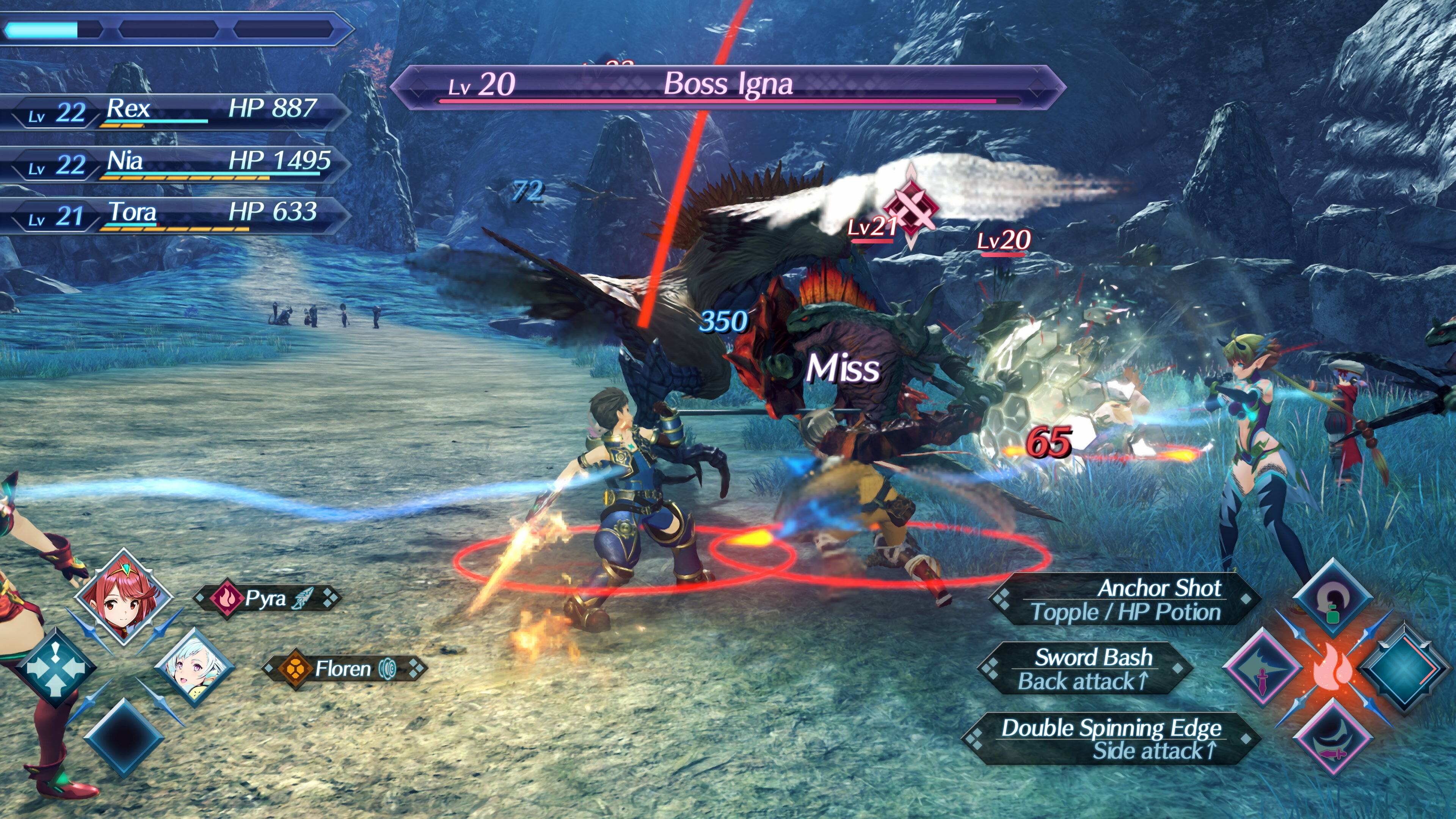 Lv 22 Rex HP 887  
Lv 20 Boss Ignia  
Lv 22 Nia HP 1495  
Lv 21 Tora HP 633  

72  
Lv21  
Lv20  

350  
Miss 65  

Anchor Shot  
Topple / HP Potion  
Floren  
Sword Bash  
Back attack 1  
Double Spinning Edge  
Side attack 1