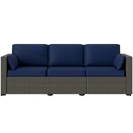 Outsunny - Couch PE Wicker Deep Seating Outdoor Sofa with Removable Cushions, 3 Seater Rattan Sofa - Navy Blue