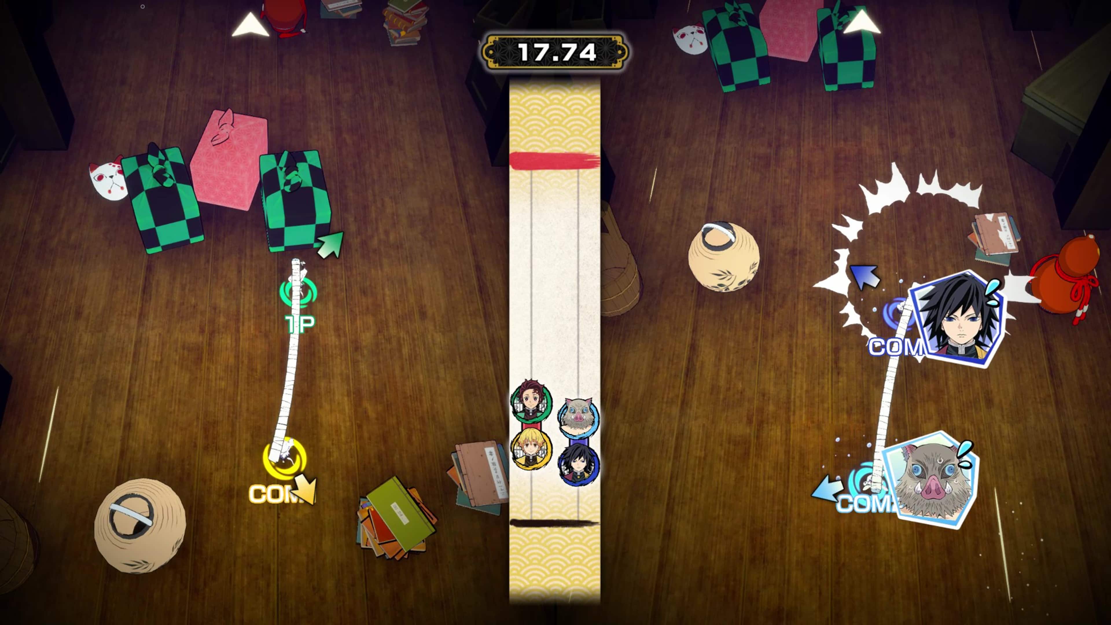 The image is a video game scene featuring a character in a room with a clock on the wall. The character is holding a bow and arrow, and there are several other characters and objects in the scene. The clock is located in the upper left part of the image, and there are two other clocks in the room. The game appears to be a mix of different elements, such as a puzzle game and a character-based game. The scene is set in a room with a hardwood floor, and there are multiple books scattered around the area.
