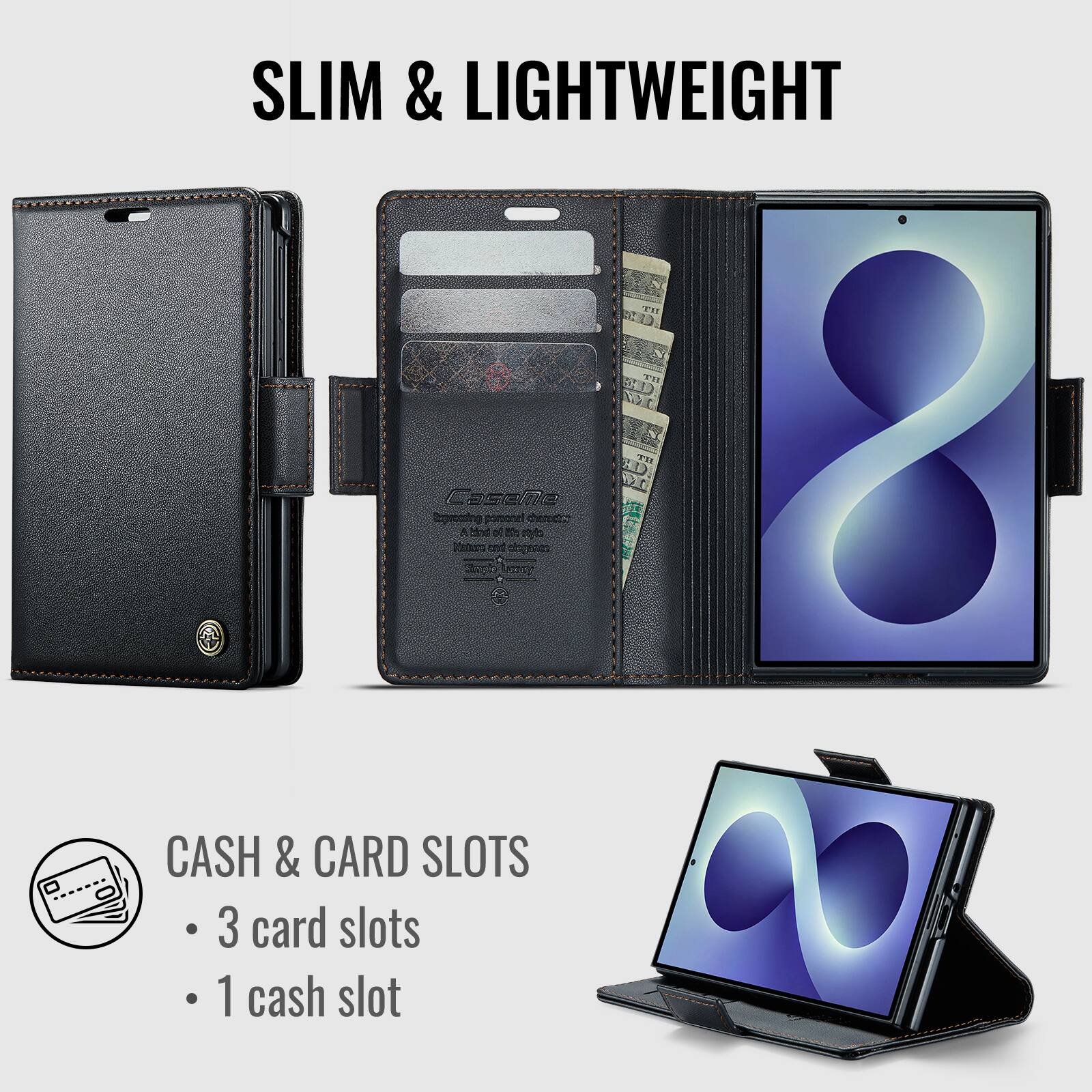 SLIM & LIGHTWEIGHT

CASH & CARD SLOTS
- 3 card slots
- 1 cash slot