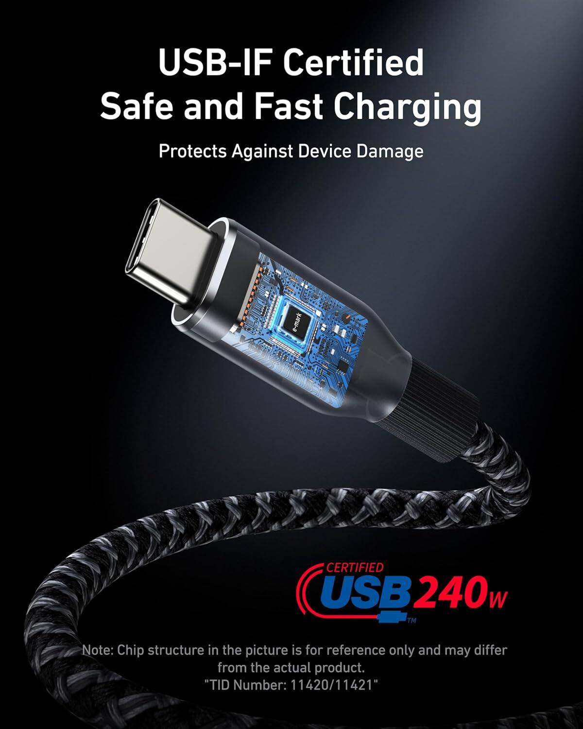 USB-IF Certified Safe and Fast Charging  
Protects Against Device Damage  

e-mark CERTIFIED USB 240w™  

Note: Chip structure in the picture is for reference only and may differ from the actual product.  
"TID Number: 11420/11421"