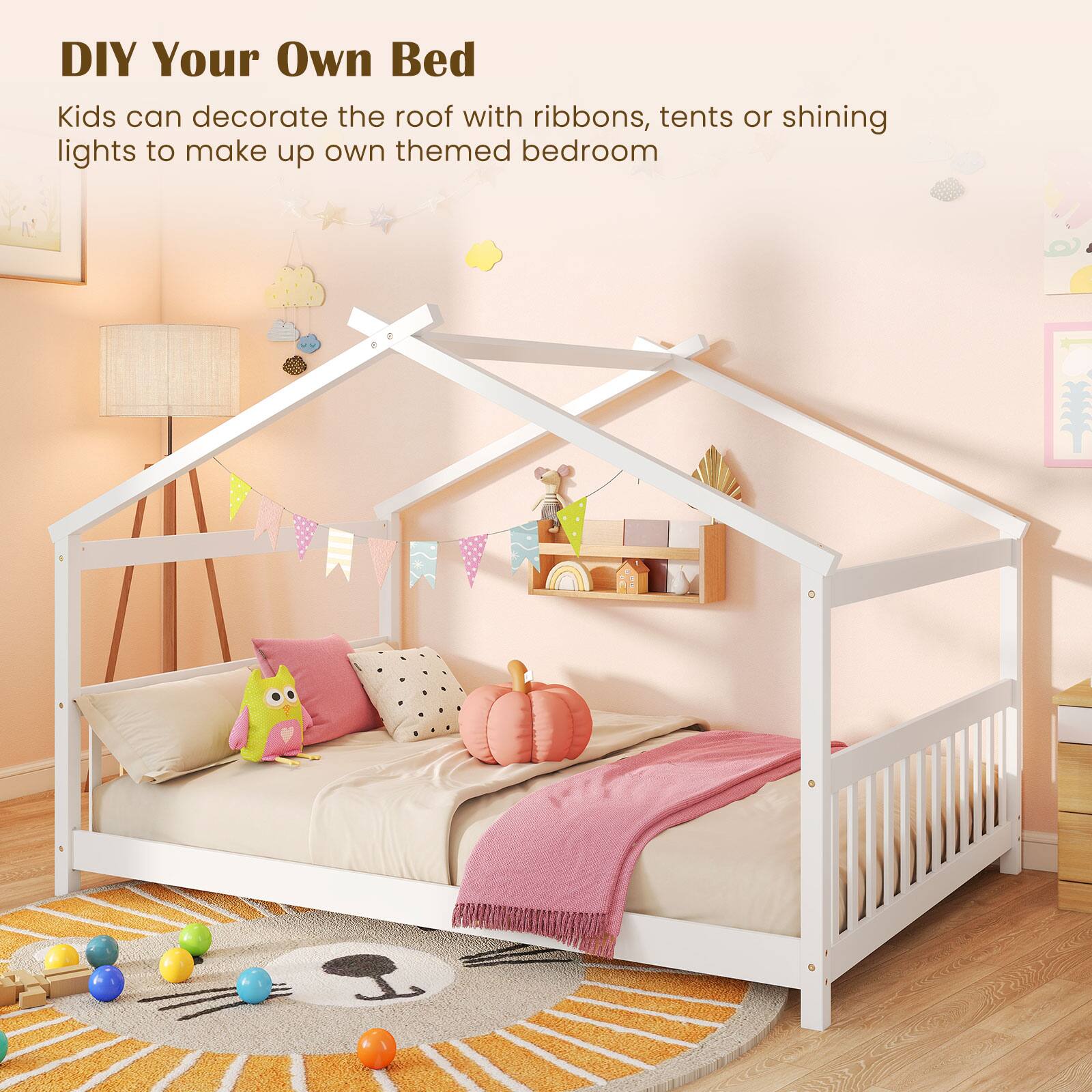 DIY Your Own Bed

Kids can decorate the roof with ribbons, tents, or shining lights to make up their own themed bedroom.