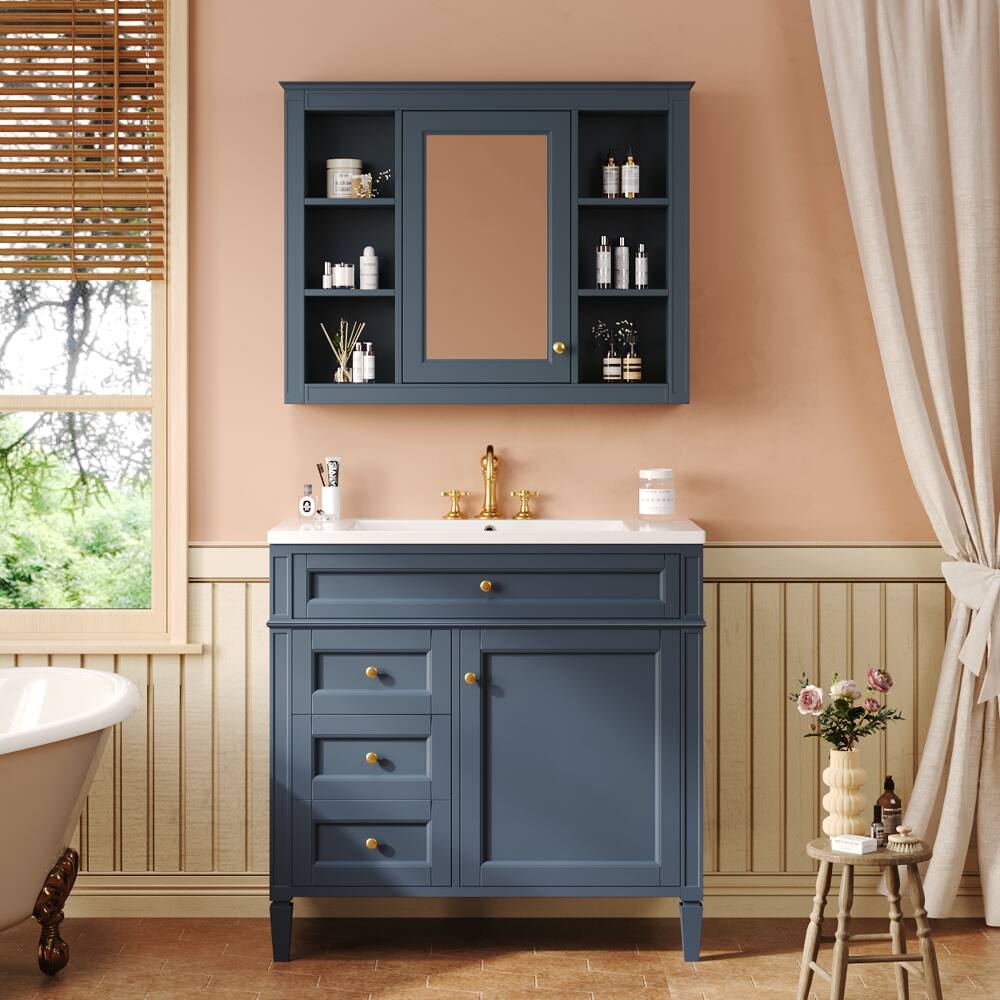 Front. Loheer - Loheer 36 inch Bathroom Vanity with Sink, Blue Bathroom Vanity with Mirror Cabinet, Modern Single Sink Vanity - Blue.