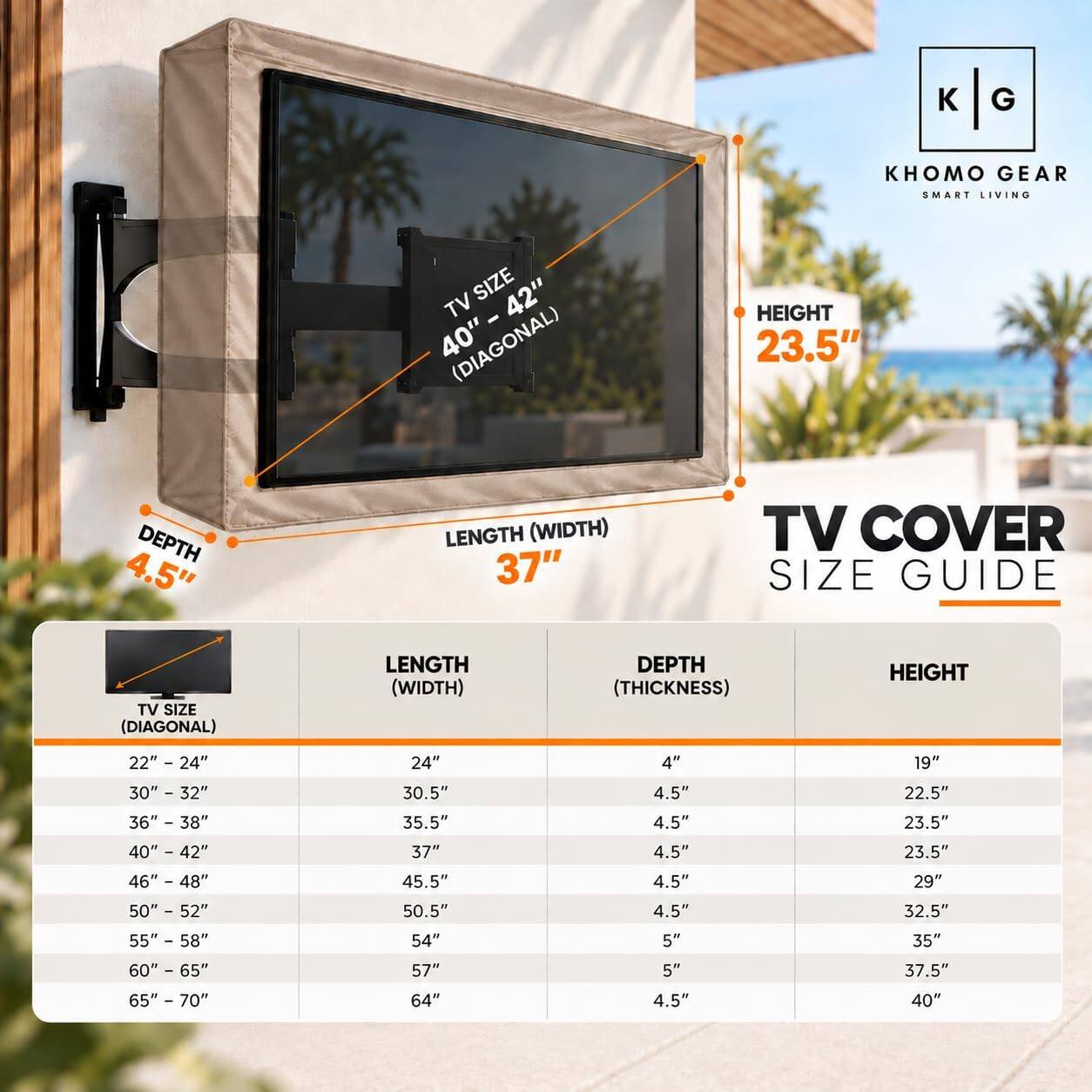 KHOMO GEAR SMART LIVING

TV SIZE 42" 40" (DIAGONAL)
HEIGHT 23.5"
DEPTH 4.5"
LENGTH (WIDTH) 37"

TV COVER SIZE GUIDE

TV SIZE (DIAGONAL) | LENGTH (WIDTH) | DEPTH (THICKNESS) | HEIGHT
22" - 24" | 24" | 4" | 19"
30" - 32" | 30.5" | 4.5" | 22.5"
36" - 38" | 35.5" | 4.5" | 23.5"
40" - 42" | 37" | 4.5" | 23.5"
46" - 48" | 45.5" | 4.5" | 29"
50" - 52" | 50.5" | 4.5" | 32.5"
55" - 58" | 54" | 5" | 35"
60"