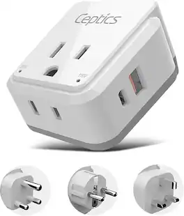 Ceptics - South Africa Travel Adapter Set, 20W PD & QC – Dual USB, USB-C & 2 USA Outlets – Type M, G, E/F Plug Attachments - White
