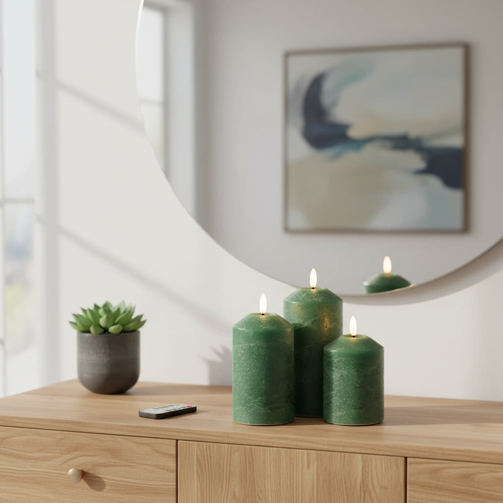 Alt View 3. FINEAK - 3 Pack Green Flameless Pillar Candles with Remote: Flickering, Battery-Operated LED Wax Candles - Dark Green.