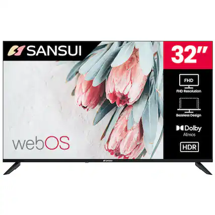 SANSUI 32" FHD Resolution, Bezel-less Design, webOS, Dolby Atmos, HDR
