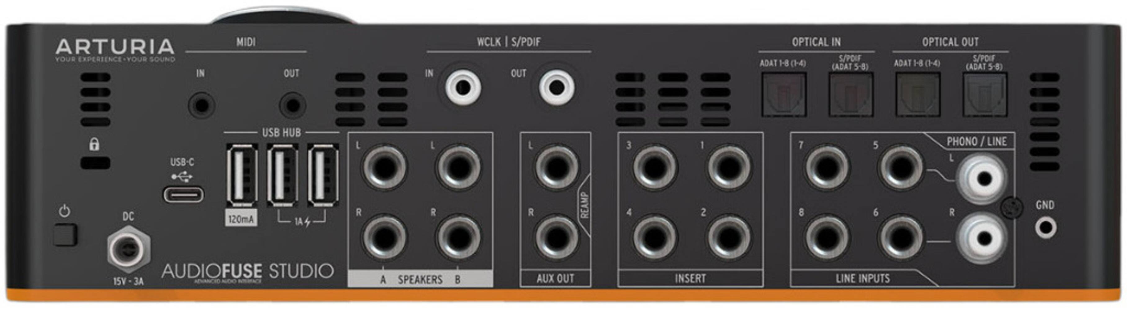 ARTURIA  
YOUR EXPERIENCE YOUR SOUND  

MIDI IN  
USB-C  
DC 15V - 3A  

WCLK | S/PDIF OUT  
OPTICAL IN S/PDIF ADAT 1-8 (1-4) (ADAT 5-8)  
OPTICAL OUT S/PDIF ADAT 1-8 (1-4) (ADAT 5-8)  

USB HUB  
L L L 3 1 7 5  
R R R 4 2 8 6  

PHONO / LINE  
L R  
GND  

AUDIOFUSE STUDIO  
A SPEAKERS B  
AUX OUT  
INSERT  
LINE INPUTS