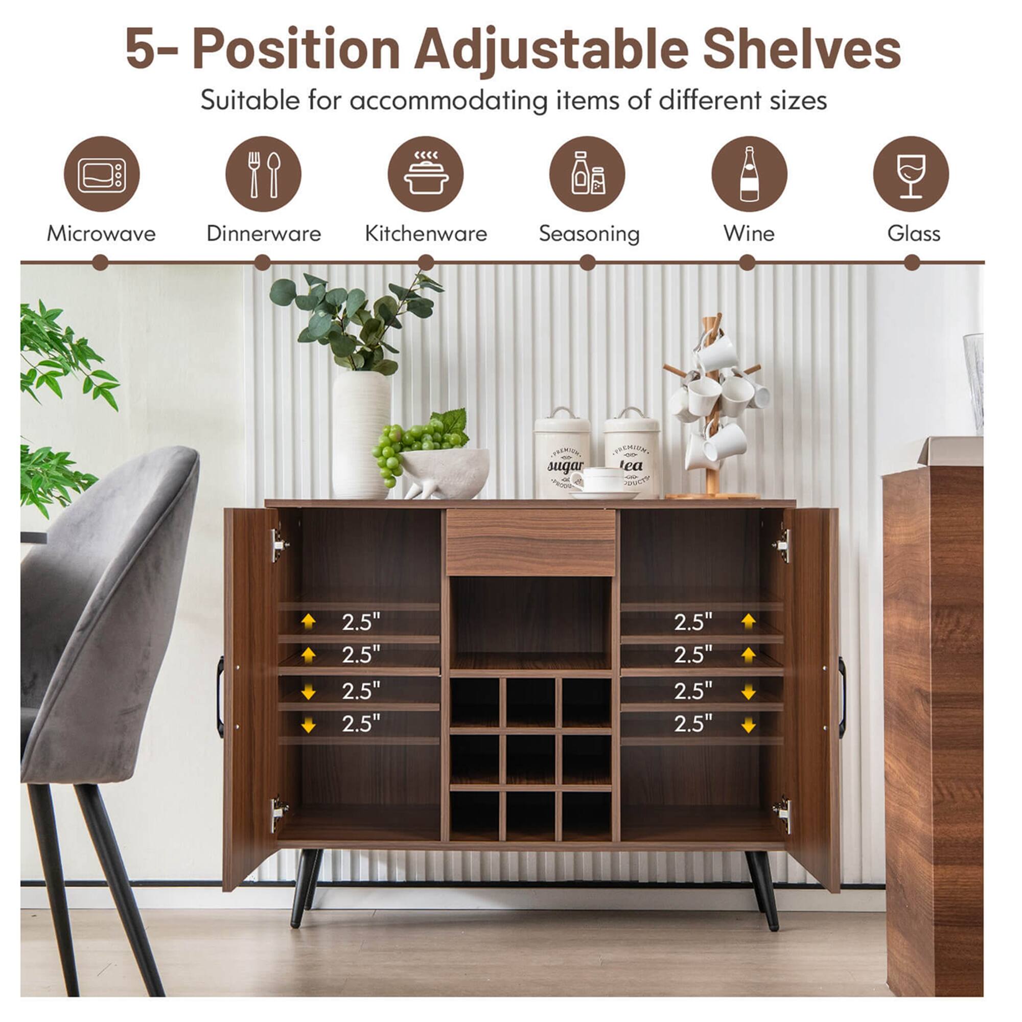 The text on the image reads: "5-Position Adjustable Shelves Suitable for accommodating items of different sizes Microwave Dinnerware Kitchenware Seasoning Wine Glass HO - sugar EMINN ea 2.5" 2.5" 2.5" 2.5" 2.5" 2.5" 2.5" 2.5"."