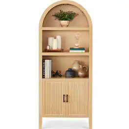 Best Choice Products - 72in Tall Arched 5-Tier Bookshelf Storage Cabinet w/ Adjustable Shelves - Natural Oak