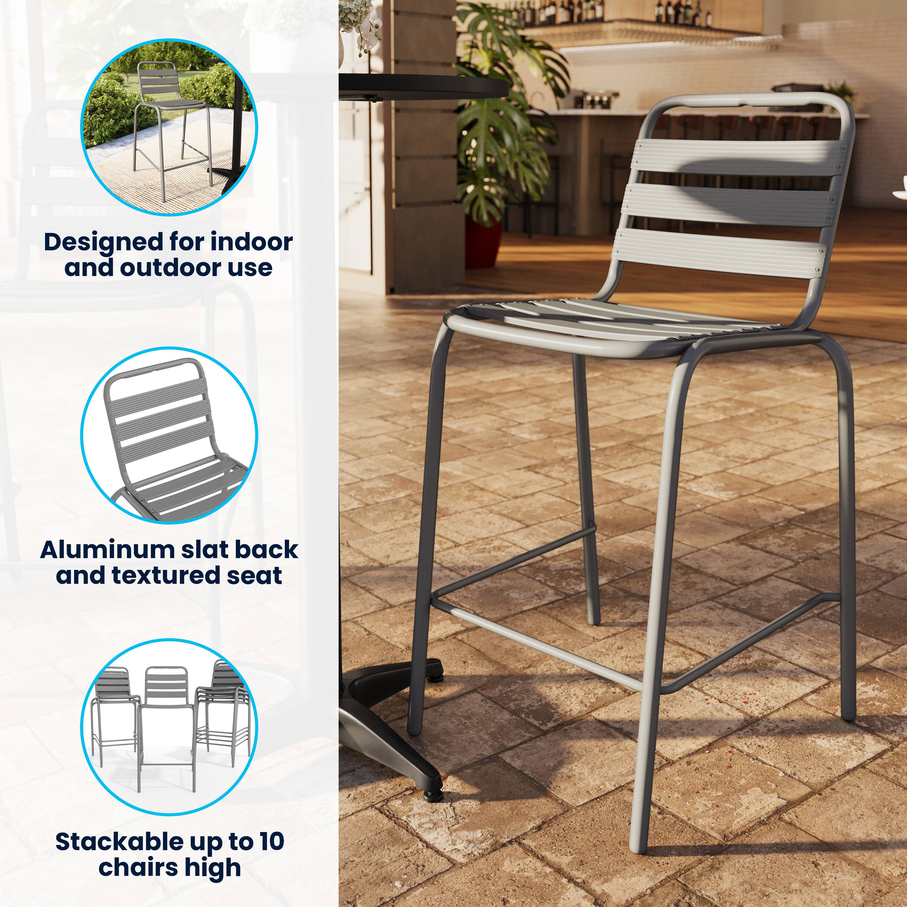 Designed for indoor and outdoor use  
Aluminum slat back and textured seat  
Stackable up to 10 chairs high