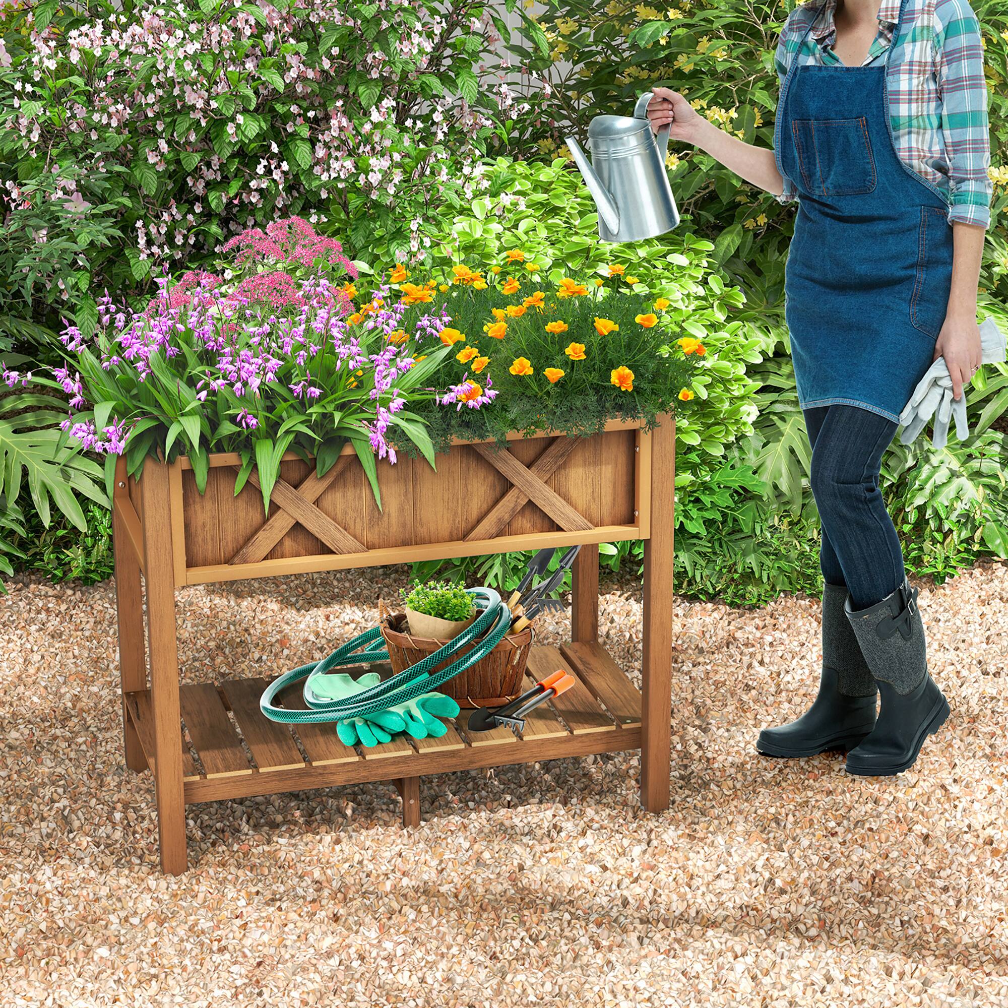Alt View 3. Gymax - Gymax HIPS Raised Garden Bed Poly Wood Elevated Planter Box w/ Legs & Storage Shelf Coffee - Coffee.