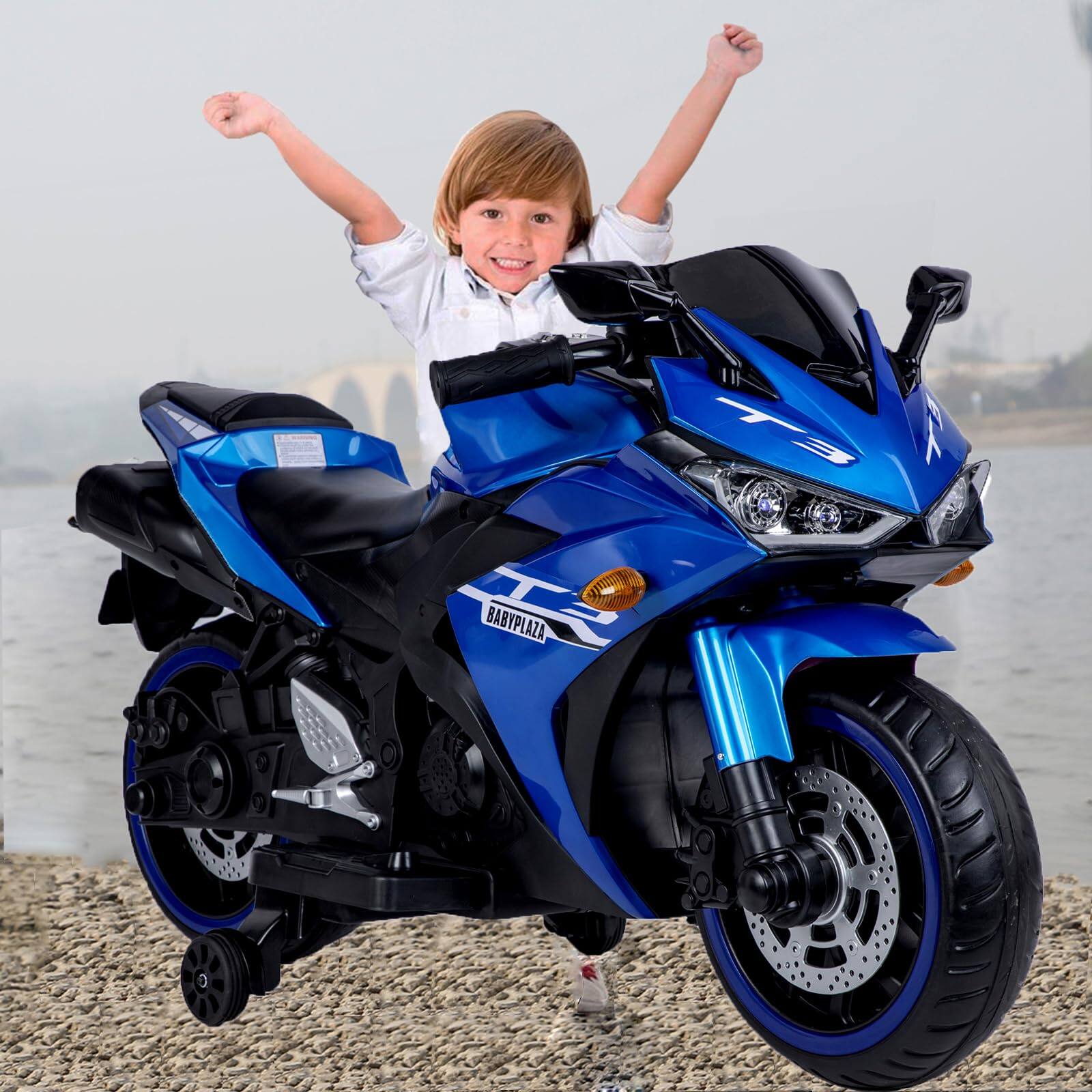 Alt View 1. Ecooso - Kids Motorcycle 12V Ride On Toy with Training Wheels, Manual Throttle, Hand Drive, Lighting Wheels, Ages 3-6 - Blue.