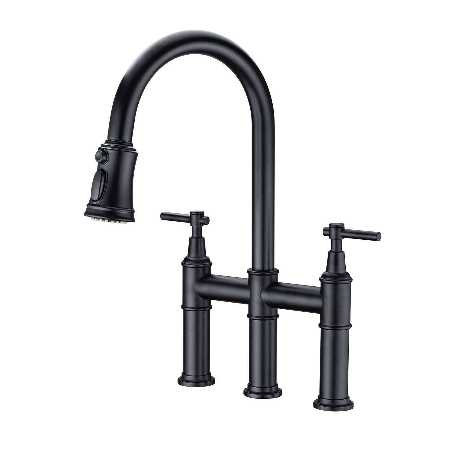 Left. Siljoy - Bridge Kitchen Faucet with Pull-Down Sprayhead in Spot - Matte Black.