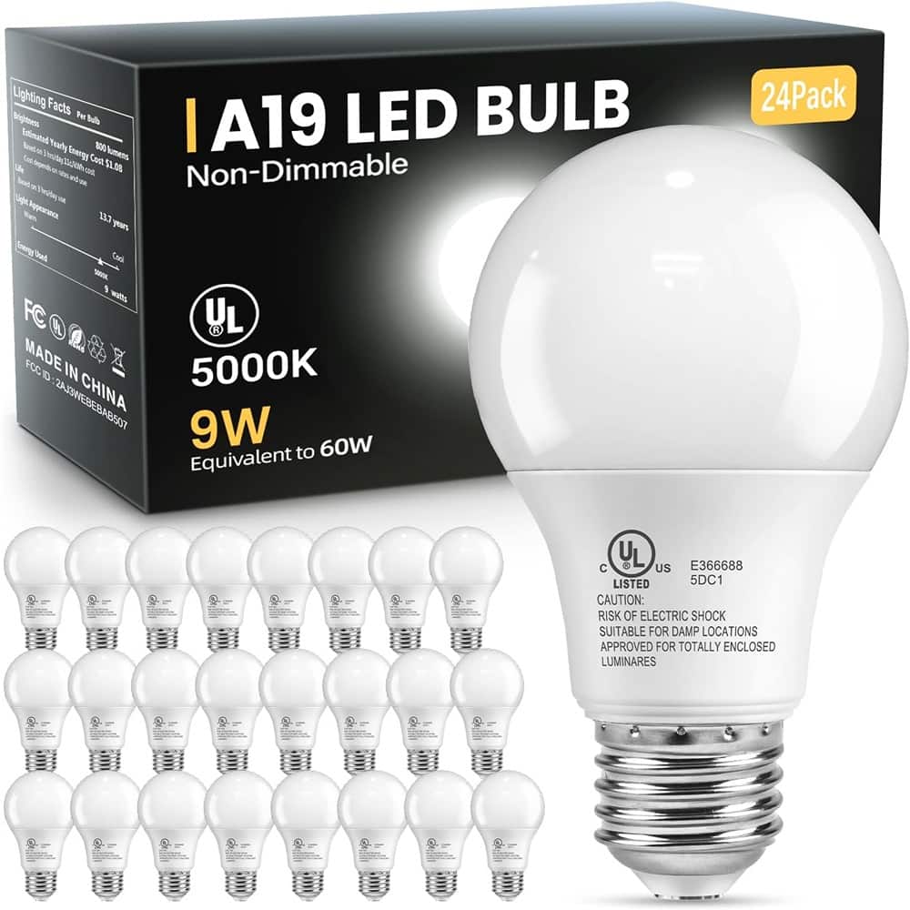 Schertz - 24 Pcs A19 LED Bulbs, 9W Daylight 5000K, 800LM, E26 Base, Non-Dimmable