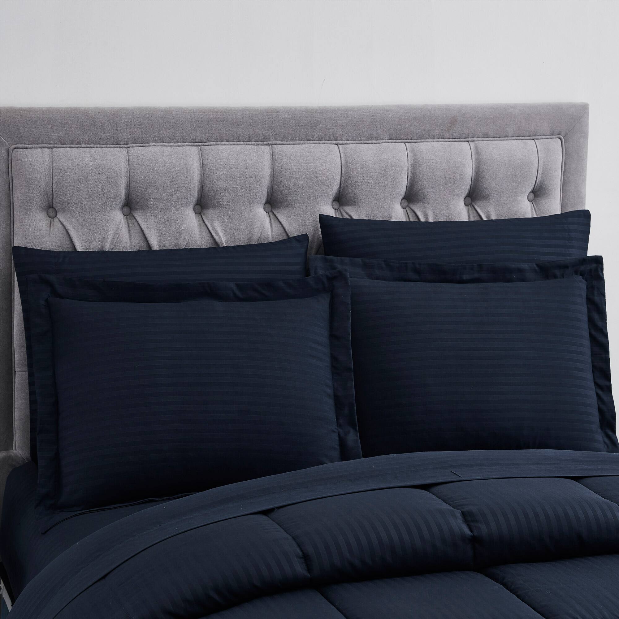 Angle. Sweet Home Collection - 8 Piece Embossed Dobby Stripe Bed in a Bag All Season Complete Set with Sheets - Queen - Navy.