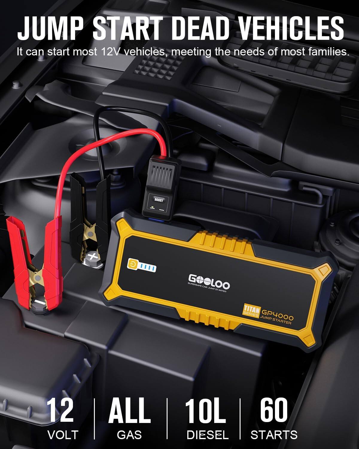 JUMP START DEAD VEHICLES  
It can start most 12V vehicles, meeting the needs of most families.  

BOOST GOOLOO - U SAG Aba 1 ARTEN TITAN SEri GP4000 JUMP STARTER 12 VOLT ALL GAS 10L 60 DIESEL STARTS
