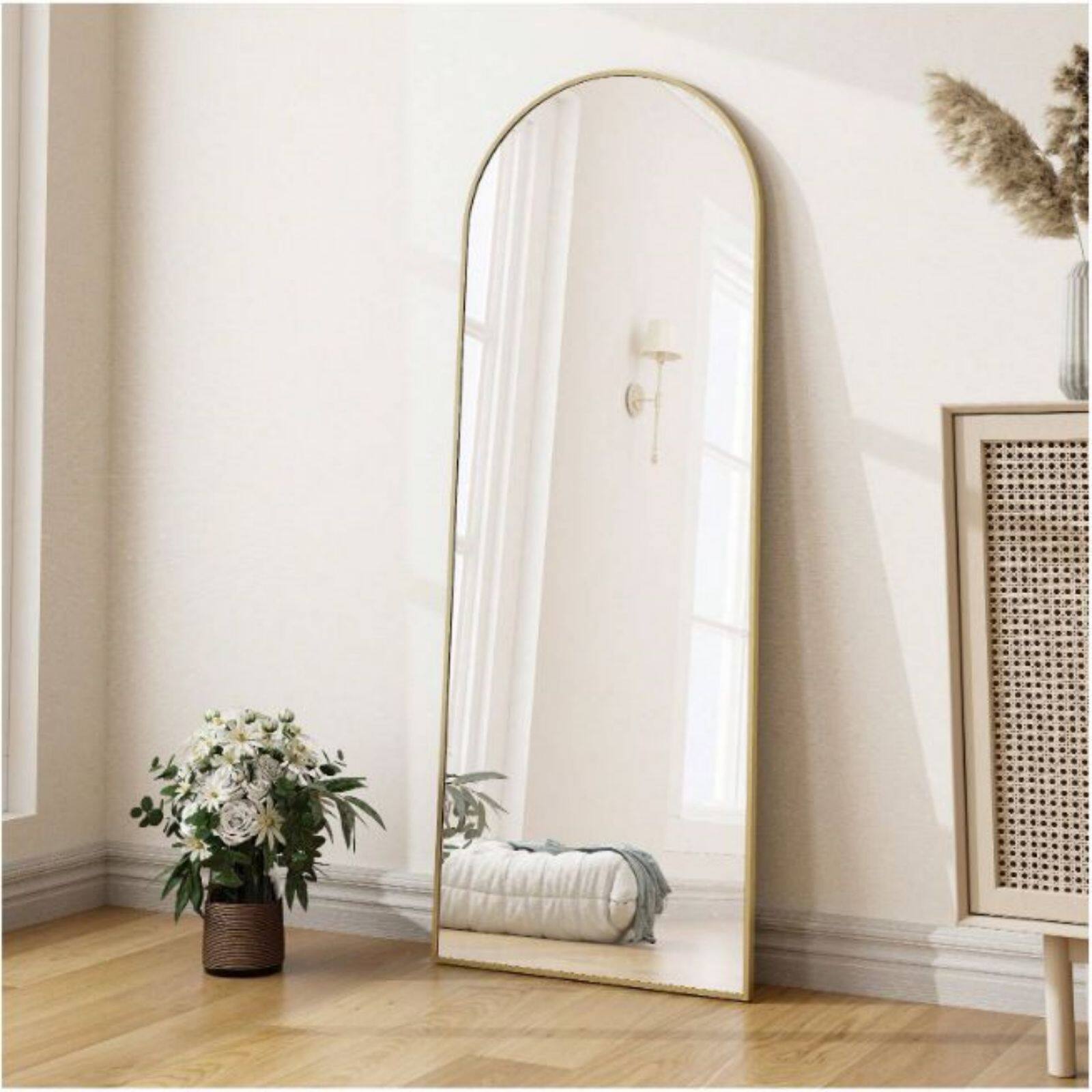 Angle. HOMLUX - Arched Full Length Floor Mirror Black Aluminum Frame Free Standing Leaning Wall Mount for Bedroom.
