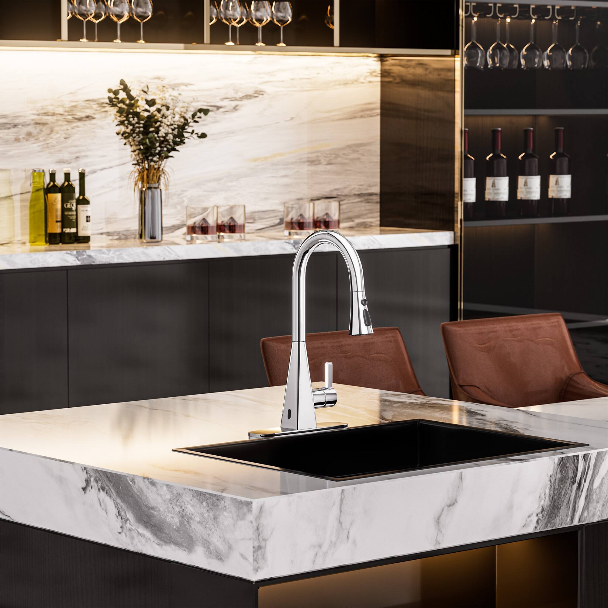 Left. Mondawe - Dual-Sensor Touchless Pull-Down Kitchen Faucet with 3-Function Sprayer - Chrome.