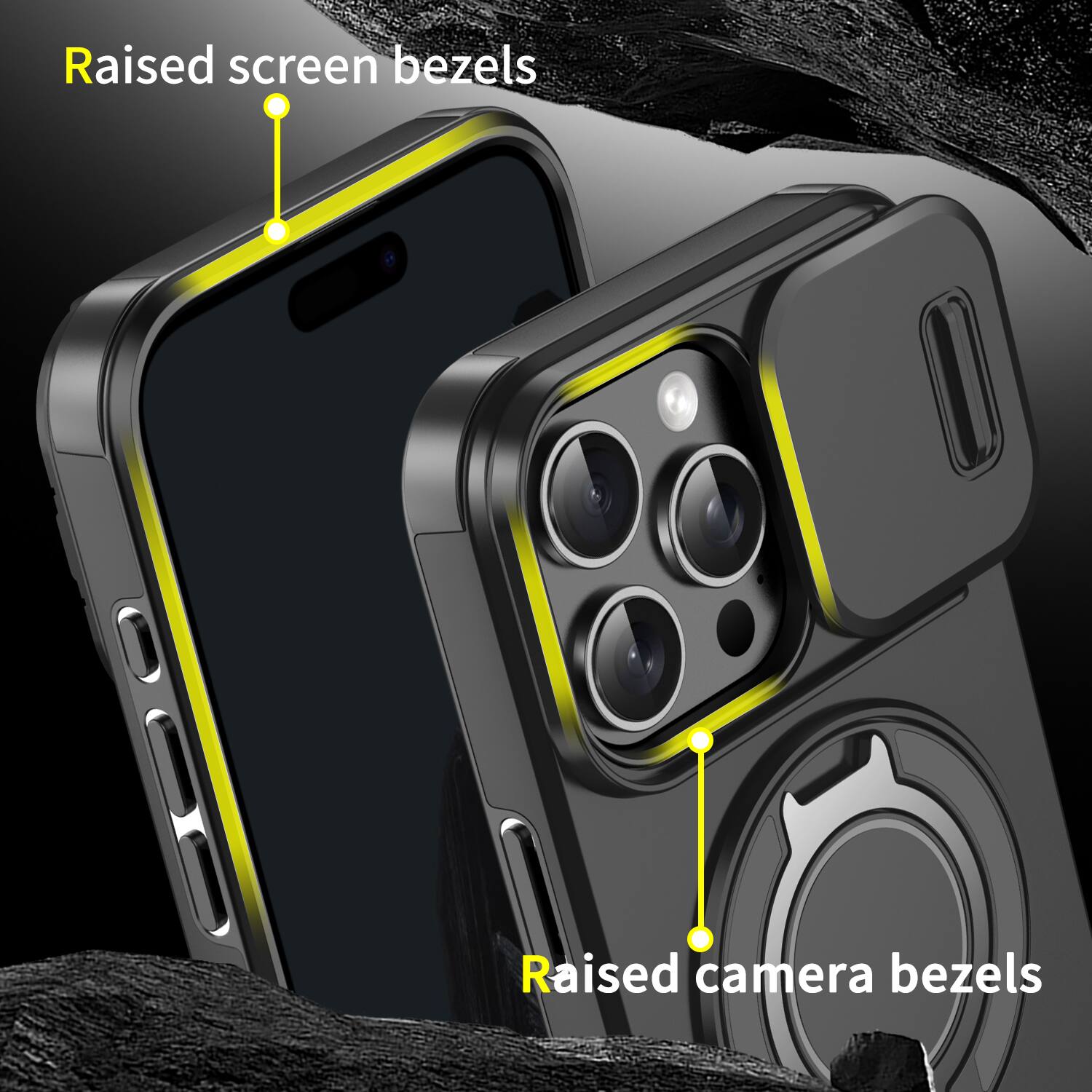 Raised screen bezels  
Raised camera bezels