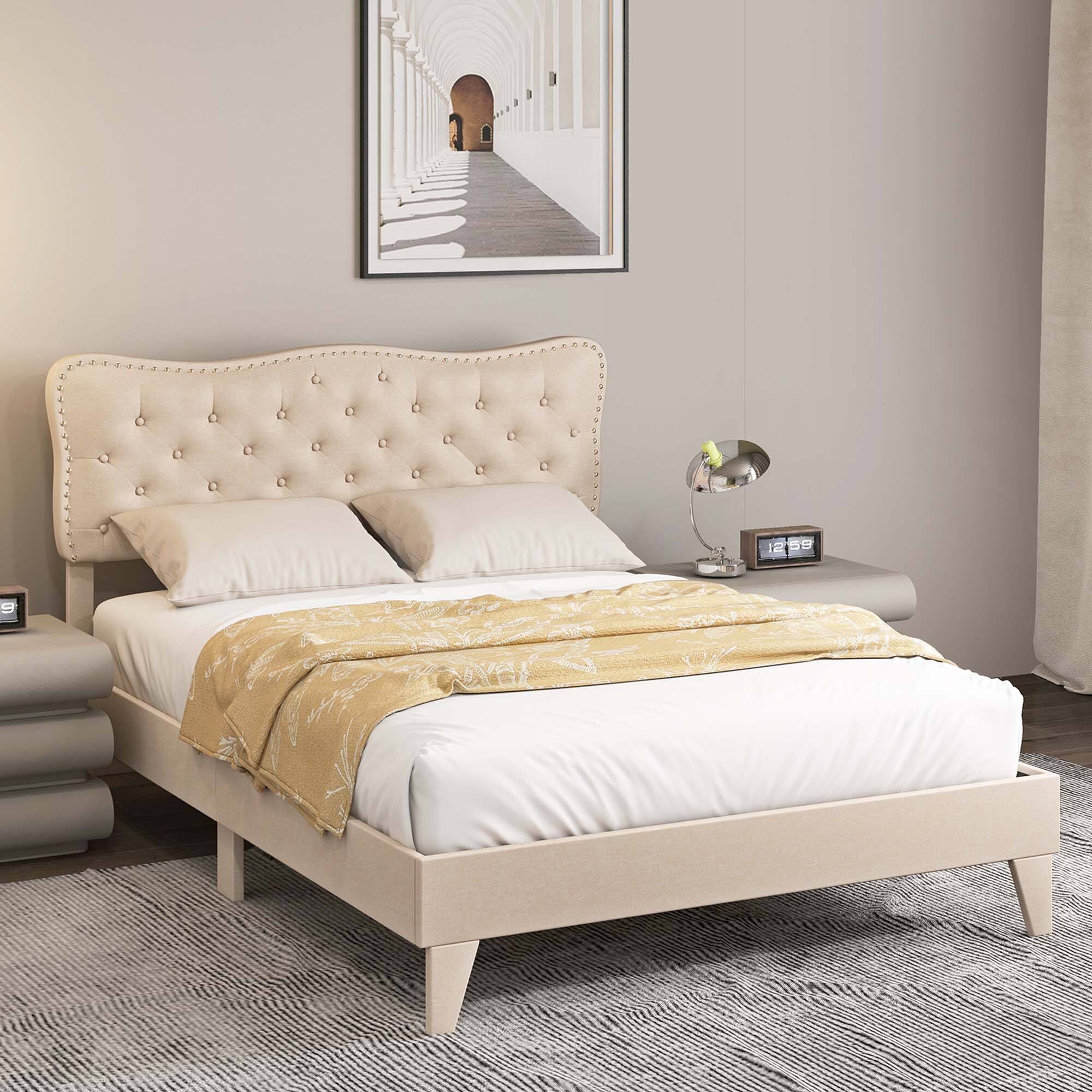 Alt View 2. Costway - Costway Queen Upholstered Platform Bed Frame Button-Tufted Headboard Mattress Foundation - Beige.