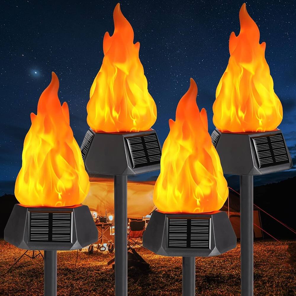 Front. MOSZAR LLC - Four-piece solar outdoor torch lights with flickering flames, waterproof LED - Flame.
