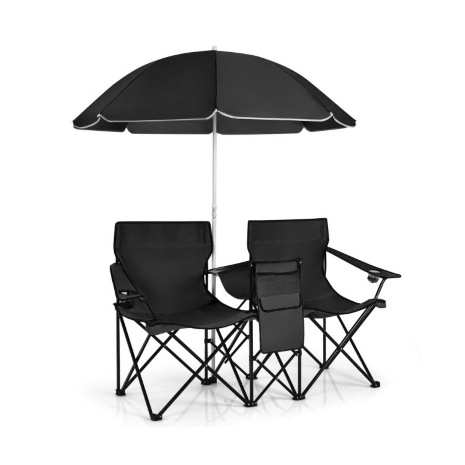 Alt View 5. Mondawe - Folding Double Camping Chair w Adjustable Removable Umbrella & Cooler Bag 2-Seat Portable 270 lbs - Black.