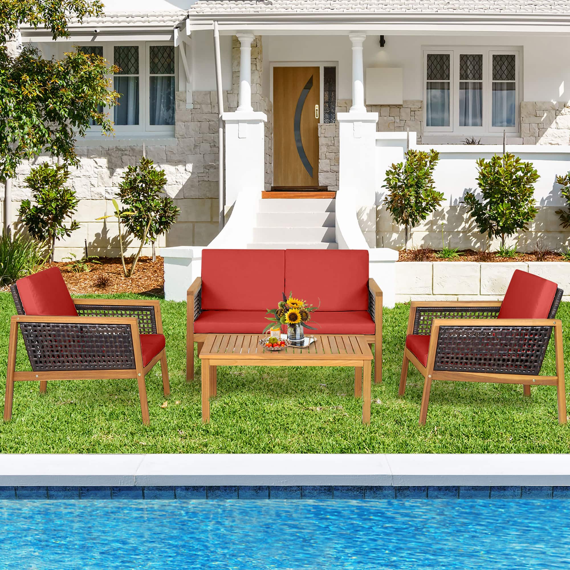 Gymax - 4PCS Patio Acacia Wood Furniture Set PE Rattan Conversation Set w/ Cushions - Red price history on PriceWatchPro