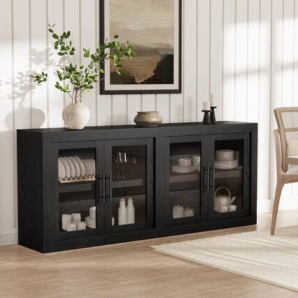 Front. Qeetex - 70.8" Mid-Century Modern Sideboard Buffet Cabinet with 4 Glass Doors & Modular Storage - Black.