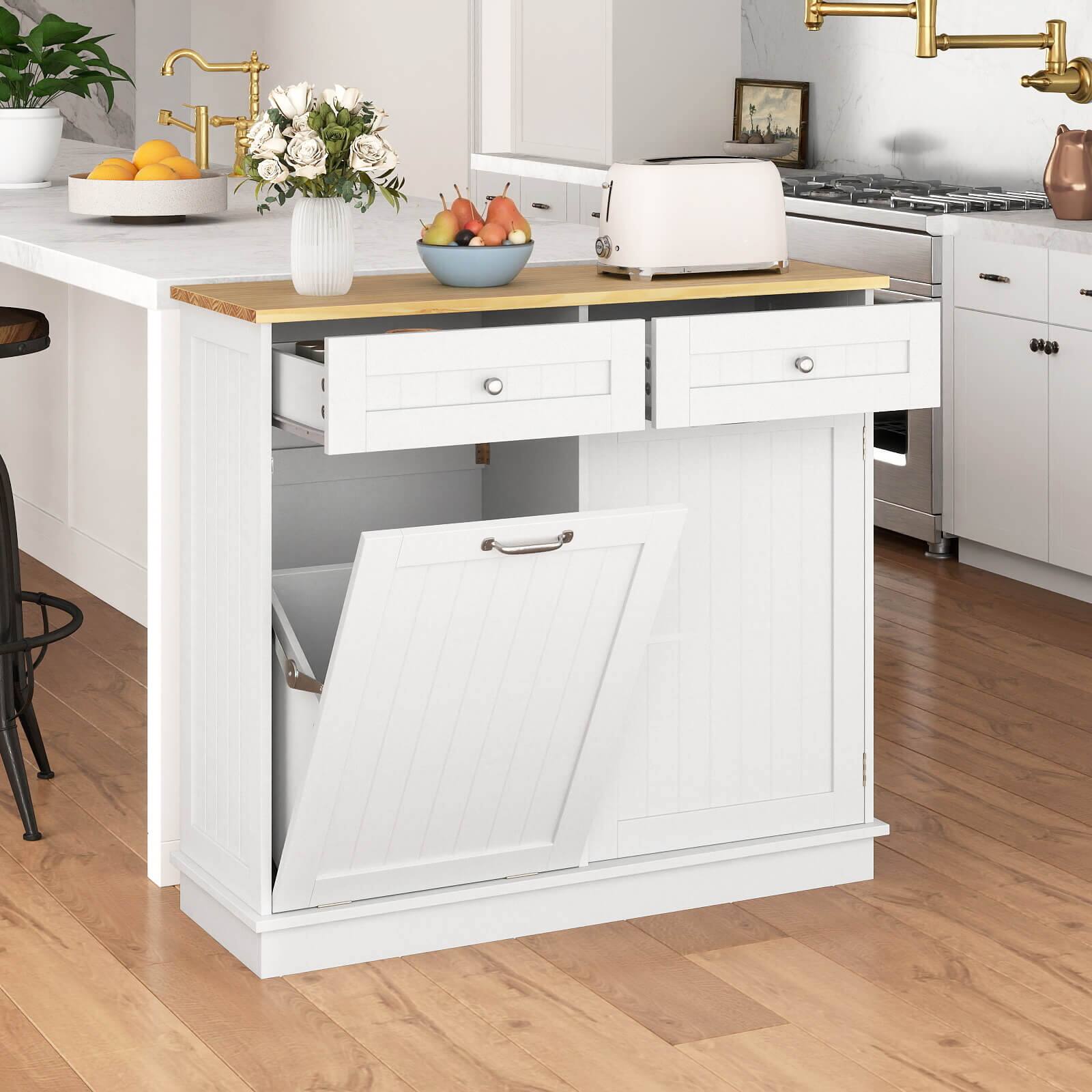 Alt View 3. Costway - Costway 15.5 Gallon Kitchen Tilt Out Trash Cabinet Rubber Wood Tabletop 2 Drawers - White.
