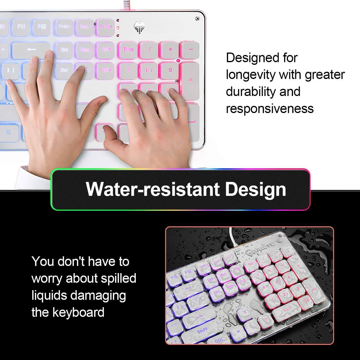 Sure, here is the corrected and grouped text from the image:

---

**Water-resistant Design**

Designed for longevity with greater durability and responsiveness

You don't have to worry about spilled liquids damaging the keyboard

---

**Keyboard Layout:**

- Top Row: F10, F11, F12, Print, Select, Pause
- Left Side: Insert, Home, Page Up, Page Down, Delete
- Number Pad: 7, 8, 9, 4, 5, 6, 1, 2, 3, 0
- Function Keys: Shift, Ctrl, A, S, D, W, E, R, T, Y, U, I, O, P, [ , ], \, /, *, -, =, +, Enter
- Other Keys: Esc, Tab, Caps Lock, Shift, Ctrl, Alt, Spacebar, Alt Gr, Fn, Windows, Menu, Power

---