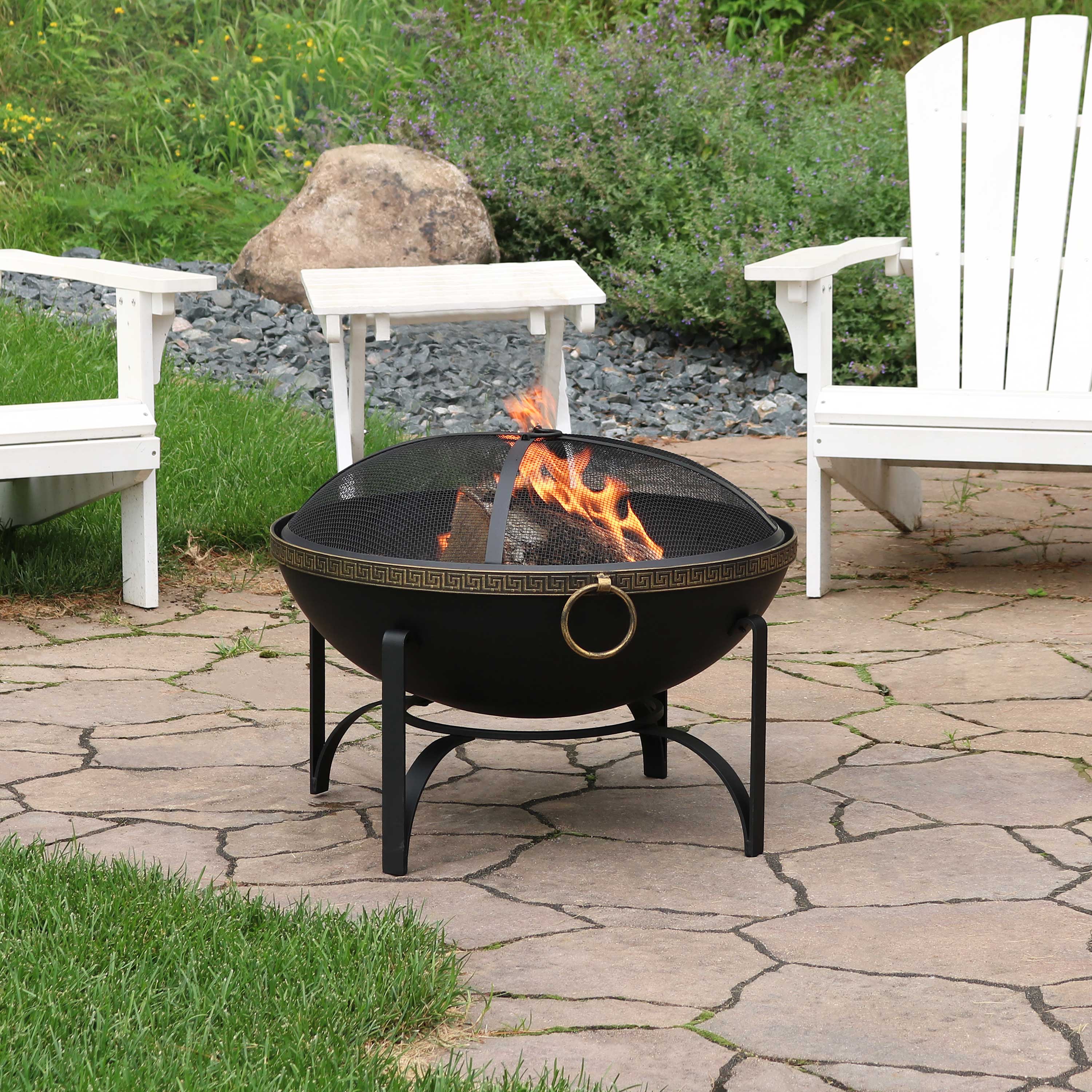 Alt View 1. Sunnydaze - 26 in Steel Outdoor Fire Bowl with Handles and Spark Screen - Black.