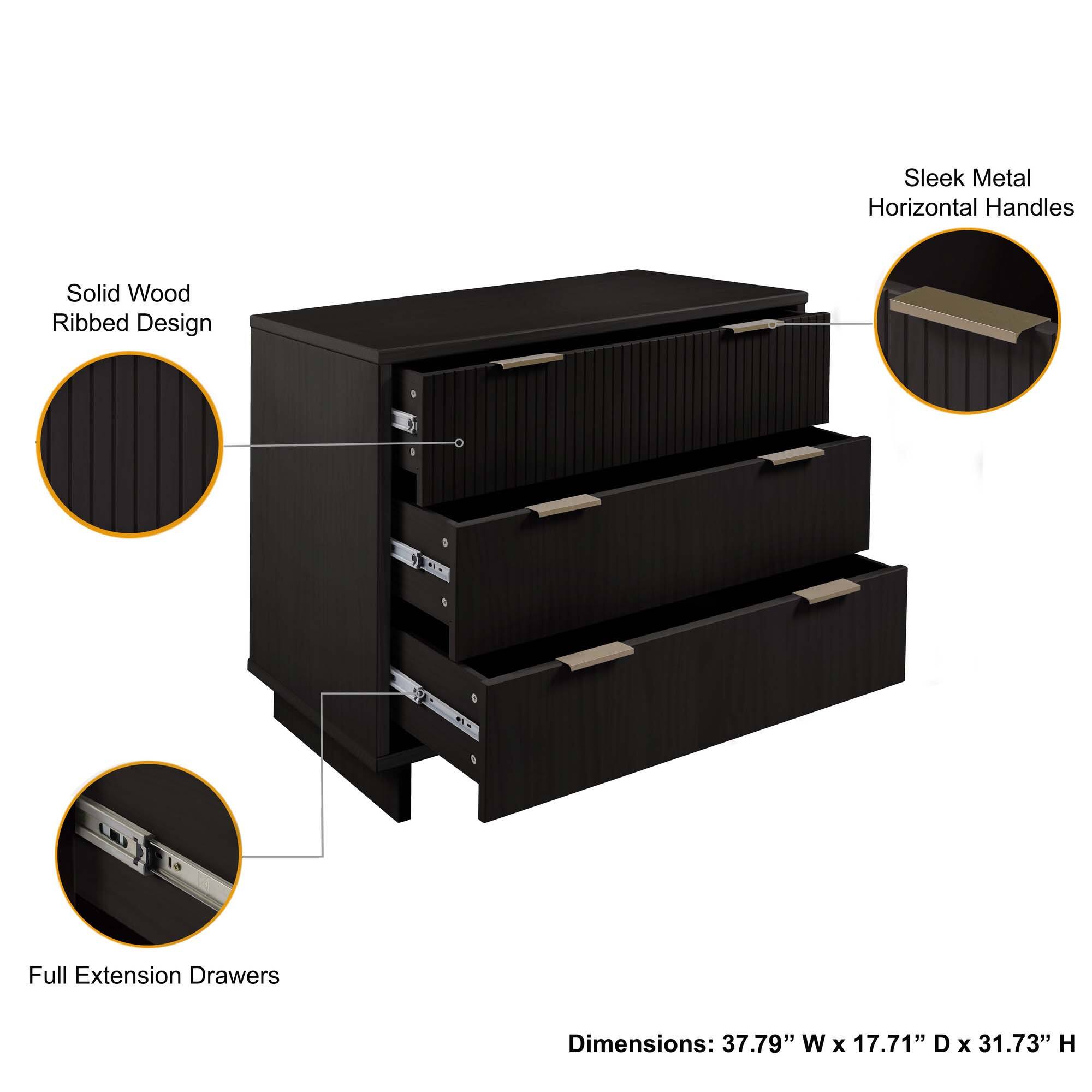 - Sleek Metal Horizontal Handles
- Solid Wood Ribbed Design
- Full Extension Drawers
- Dimensions: 37.79" W x 17.71" D x 31.73" H