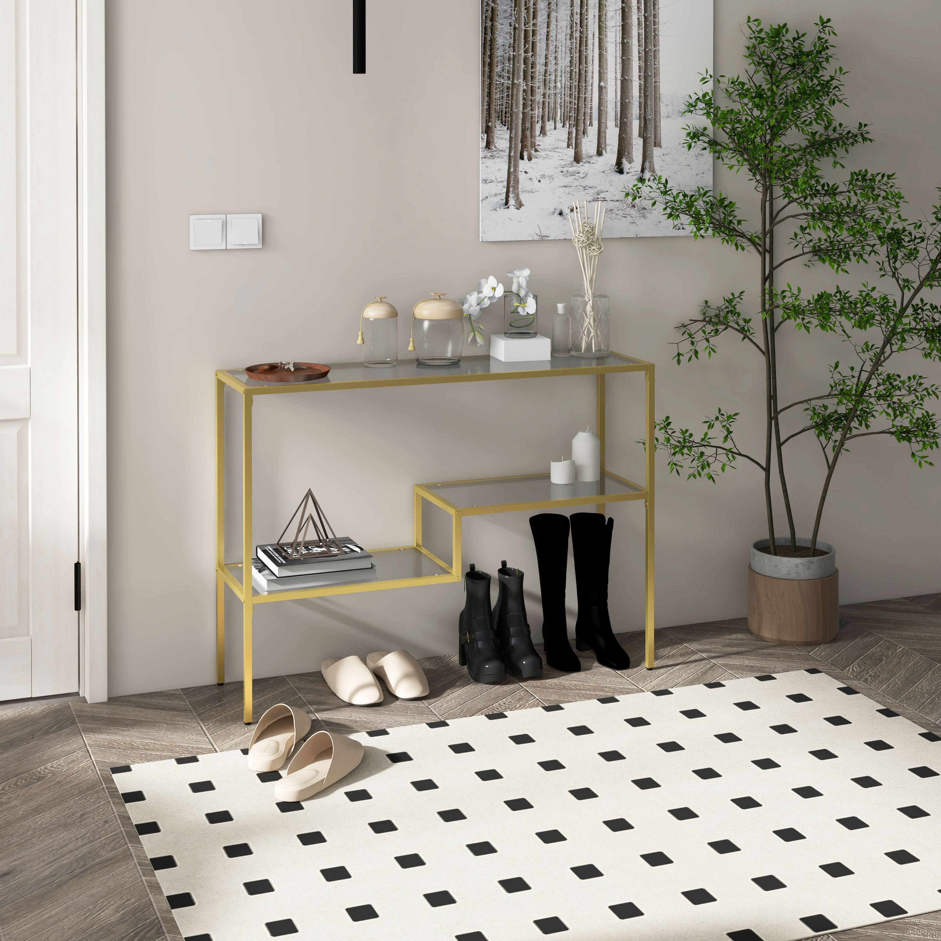 Angle. Homcom - 39" Gold Console Table with Glass Top, Storage Shelves - Gold.