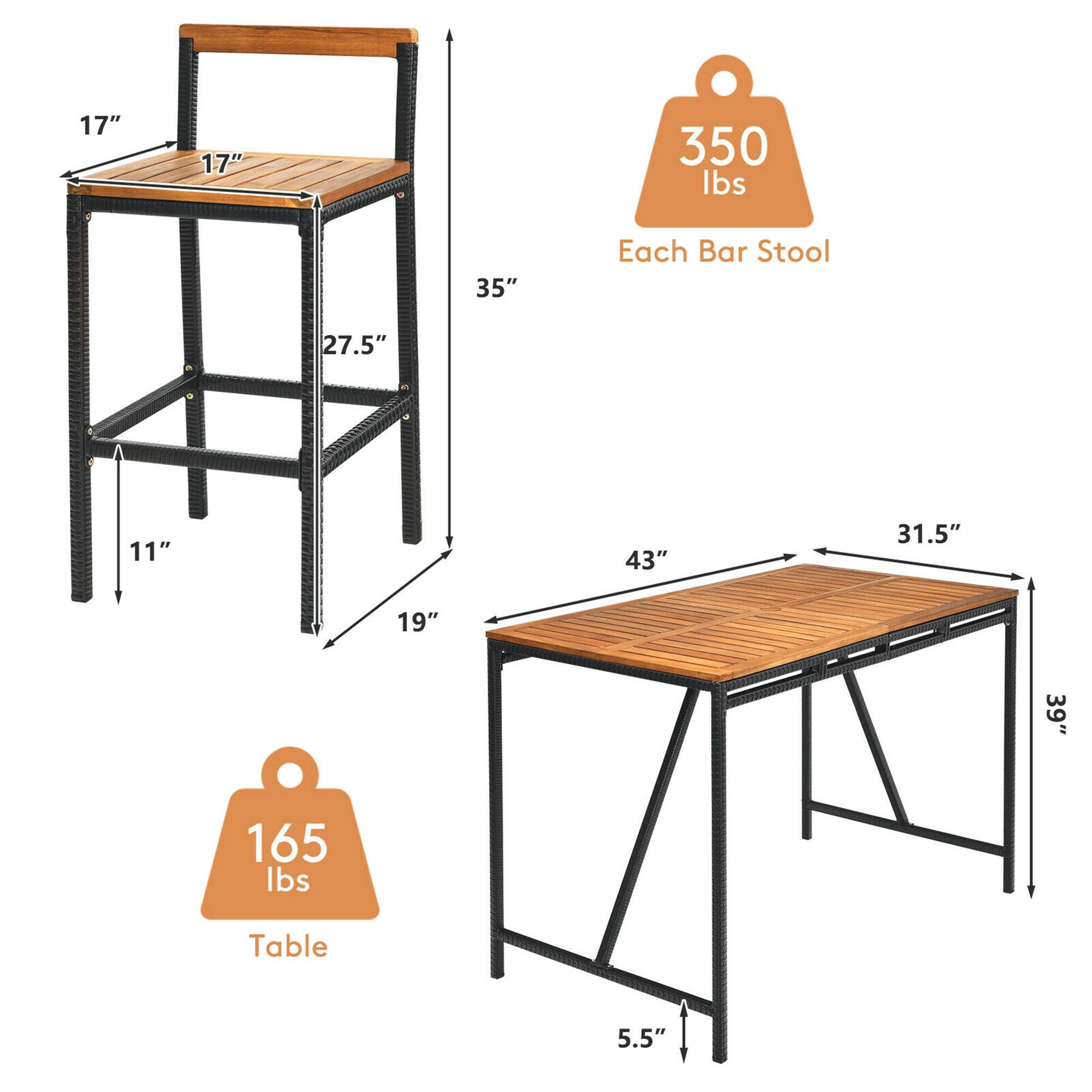 - Each Bar Stool: 350 lbs
- Table: 165 lbs

Bar Stool Dimensions:
- Seat: 17" x 17"
- Height: 35"
- Seat Height: 27.5"
- Seat Depth: 11"
- Leg Width: 19"

Table Dimensions:
- Top: 43" x 31.5"
- Height: 39"
- Leg Width: 5.5"