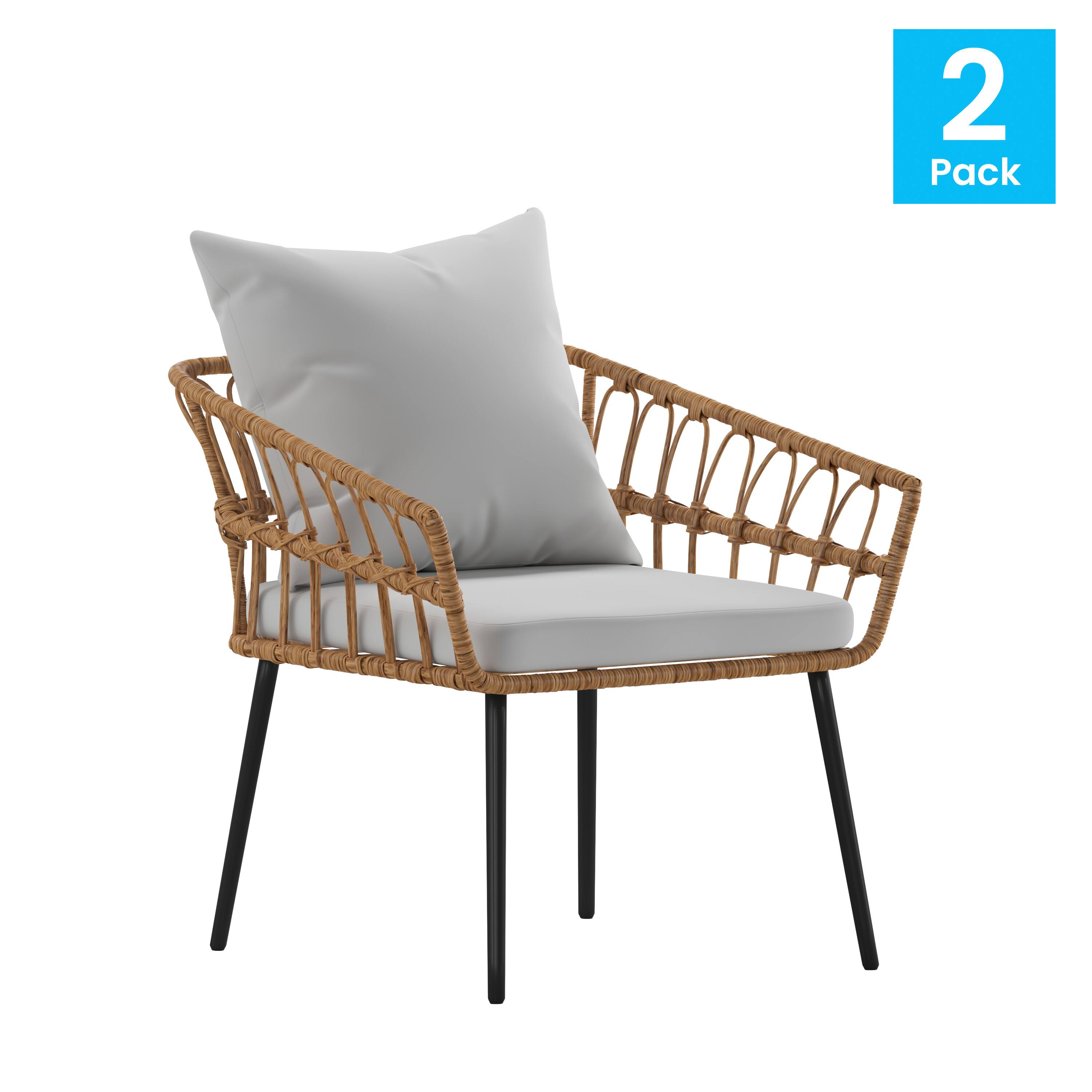 Alt View 1. Emma + Oliver - Auden Indoor/Outdoor Bohemian Natural Rattan Rope Patio Chairs with Open Weave Design and Removable Plush Cushions - Gray Cushions/Natural Frame.