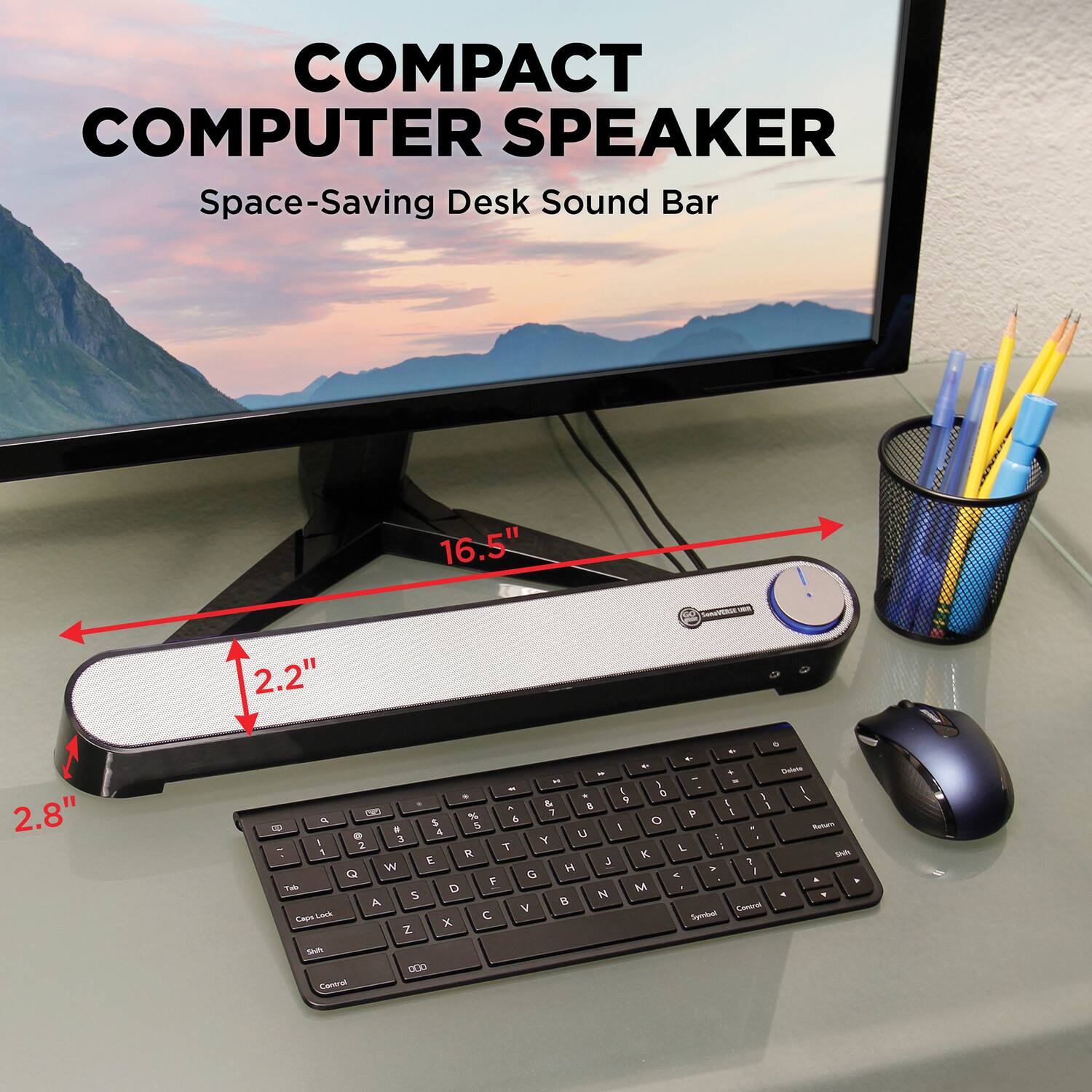 COMPACT COMPUTER SPEAKER  
Space-Saving Desk Sound Bar  

16.5"  
2.2"  
2.8"