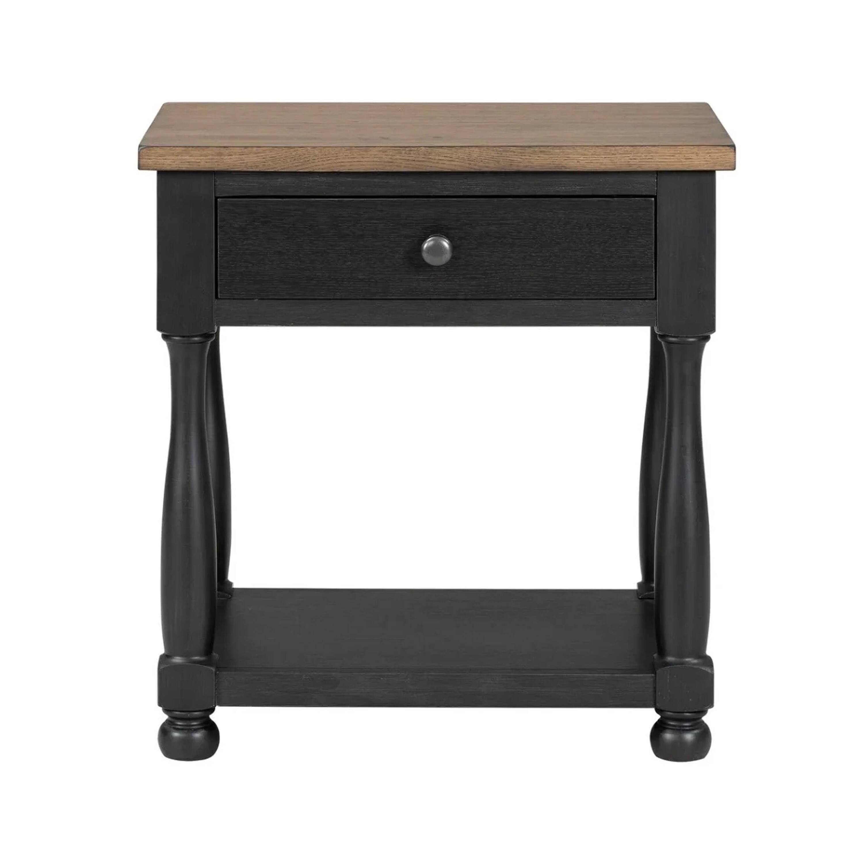 Angle. Manhattan Lane - Ginie Nightstand, USB Ports and Drawer, Shelf, Rustic Oak Wood - Black, Oak Brown, Pewter.