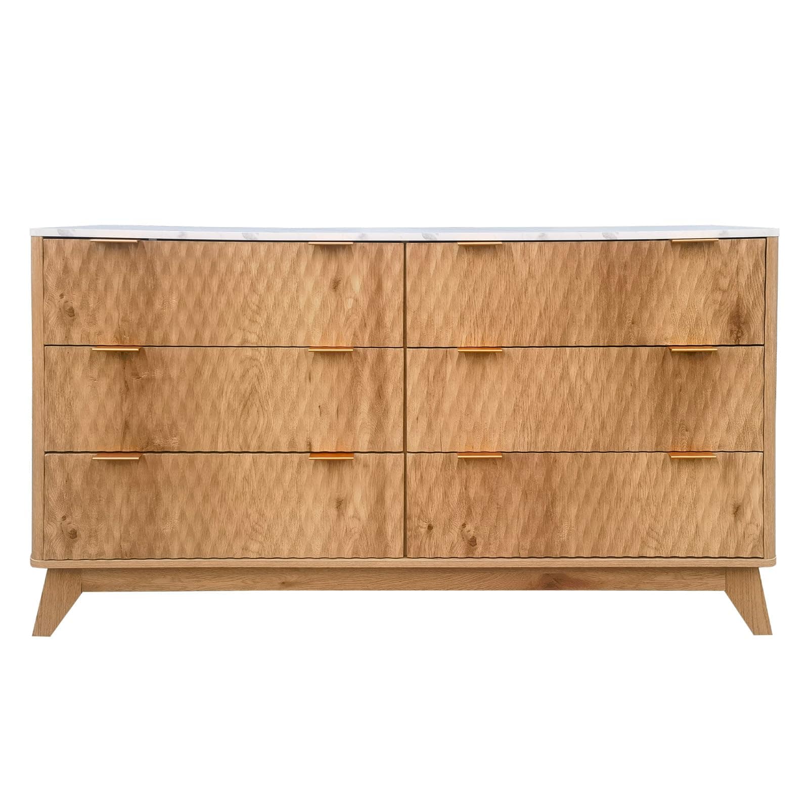 Acekool - 6 Drawers Dresser with Faux Marble Top, Modern Curved Profile Design TV Stand for TVs Up to 55", Sturdy Storage Cabinet - Oak