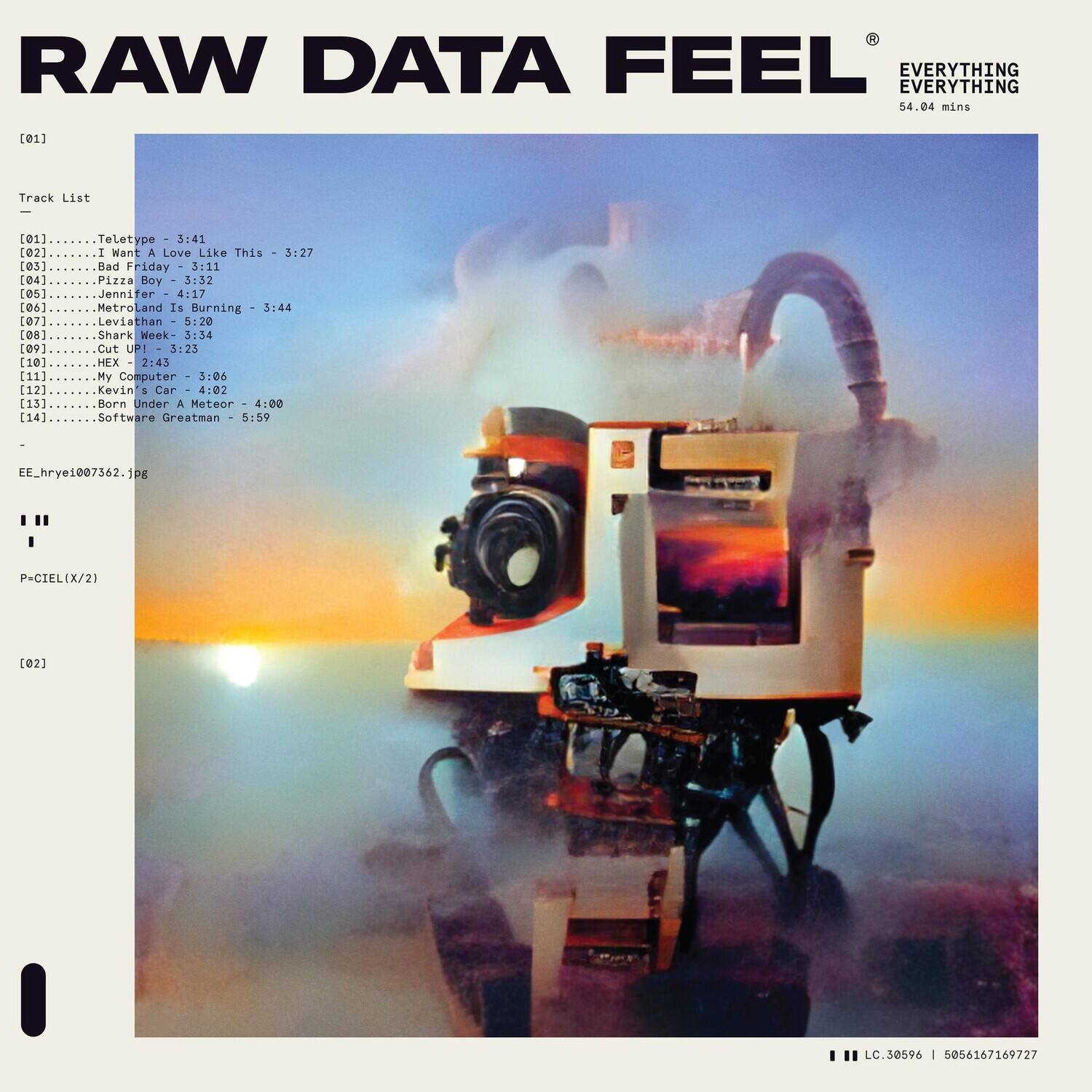 RAW DATA FEEL  
EVERYTHING EVERYTHING  
54.04 mins  

[01]  
Track List  

[01] Teletype 3:41  
[02] I Want a Love Like This 3:27  
[03] Bad Friday 3:11  
[04] Pizza Boy 3:32  
[05] Jennifer 4:17  
[06] Metroland Is Burning 3:44  
[07] Leviathan 5:20  
[08] Shark Week 3:34  
[09] Cut UP! 3:23  
[10] HEX 2:43  
[11] My Computer 3:06  
[12] Kevin 1 Car 4:02  
[13] Born Under A Meteor 4:00  
[14] Software Greatman 5:59  

EE_hrye1007362.jpg  
P-CIEL (X/2)  

[02]  
LC.30596 | 5056167169727