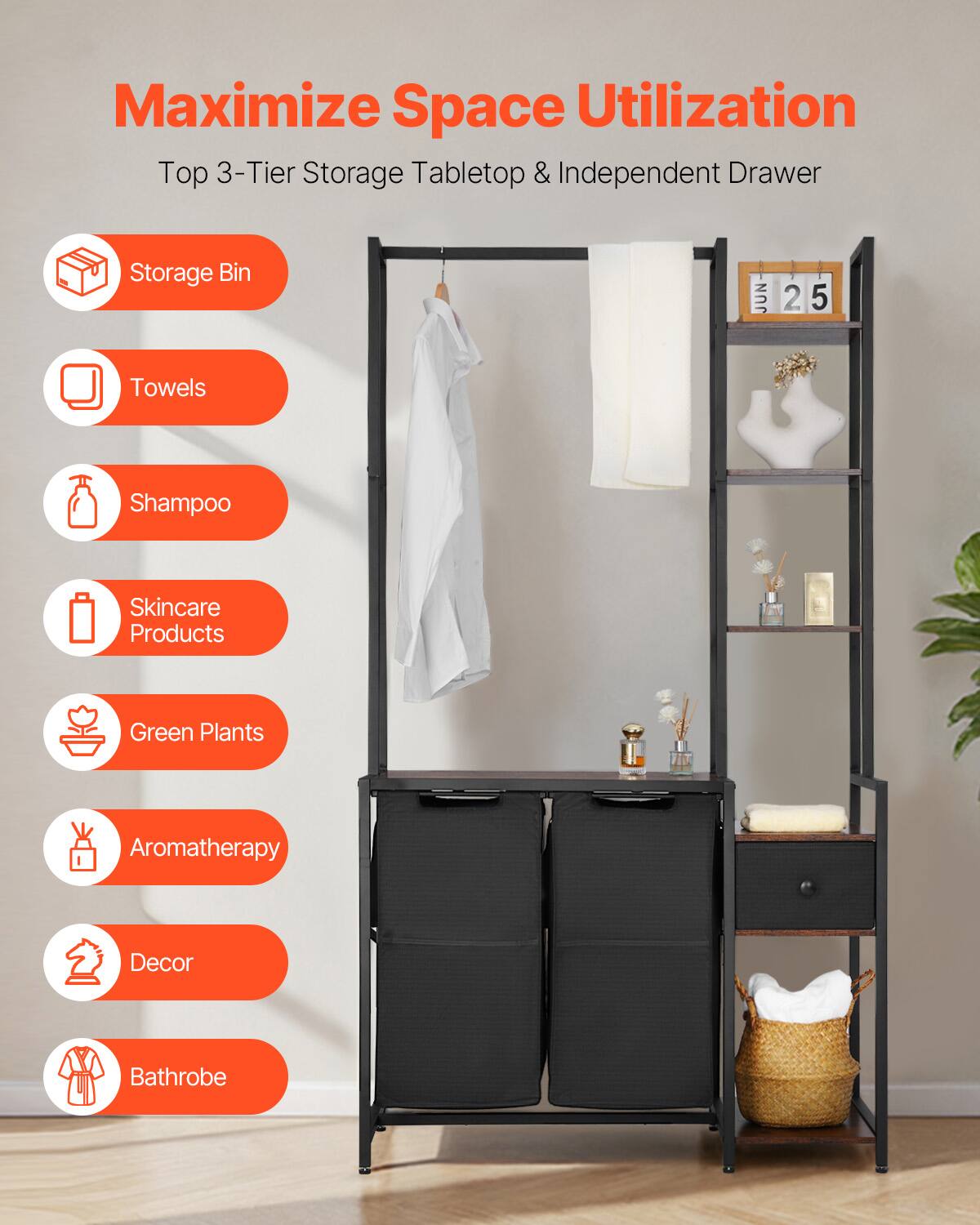 Maximize Space Utilization  
Top 3-Tier Storage Tabletop & Independent Drawer  

- Storage Bin  
- Towels  
- Shampoo  
- Skincare Products  
- Green Plants  
- Aromatherapy  
- Decor  
- Bathrobe