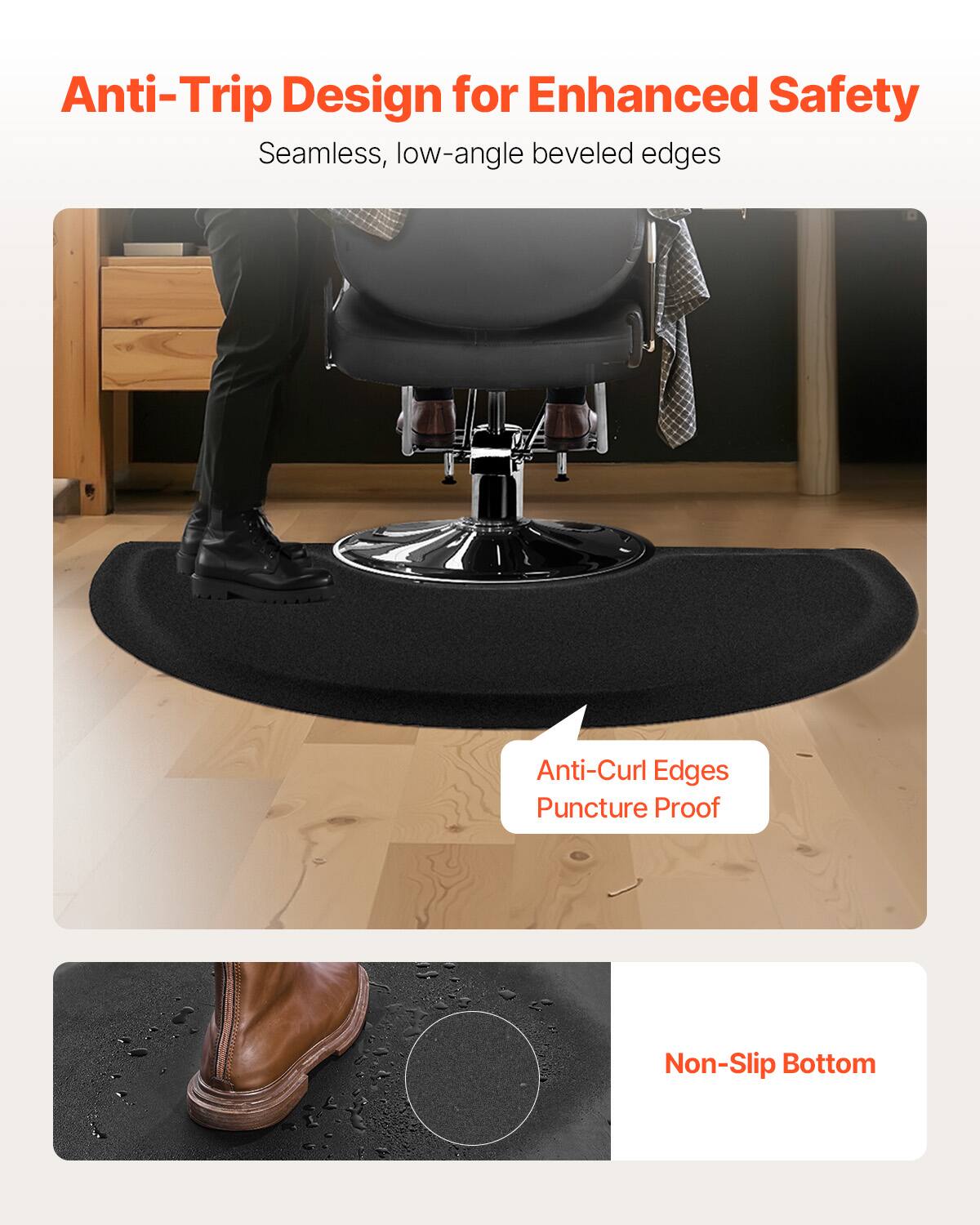 Anti-Trip Design for Enhanced Safety
Seamless, low-angle beveled edges
Anti-Curl Edges Puncture Proof
Non-Slip Bottom