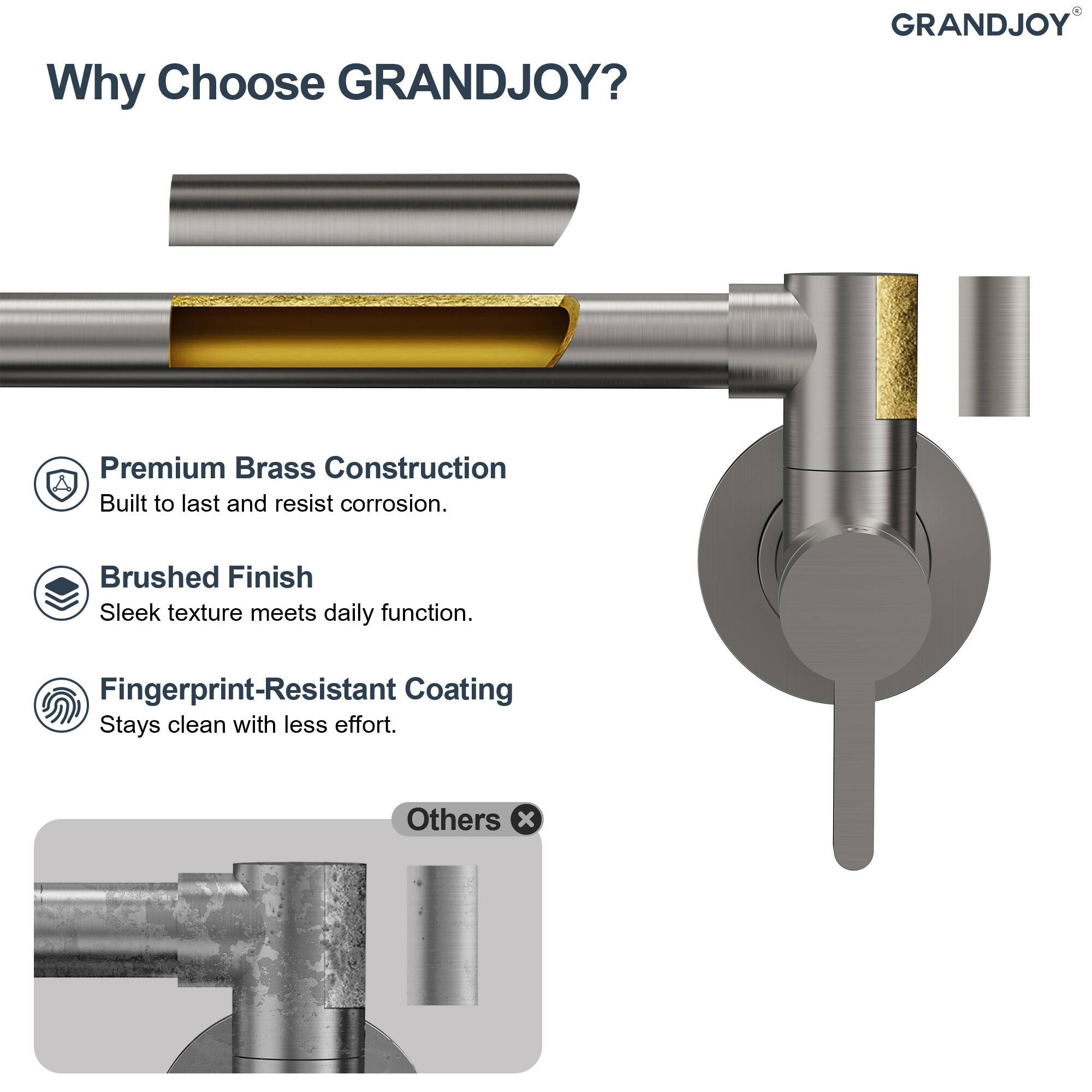 Why Choose GRANDJOY?

- Premium Brass Construction
  Built to last and resist corrosion.

- Brushed Finish
  Sleek texture meets daily function.

- Fingerprint-Resistant Coating
  Stays clean with less effort.

Others