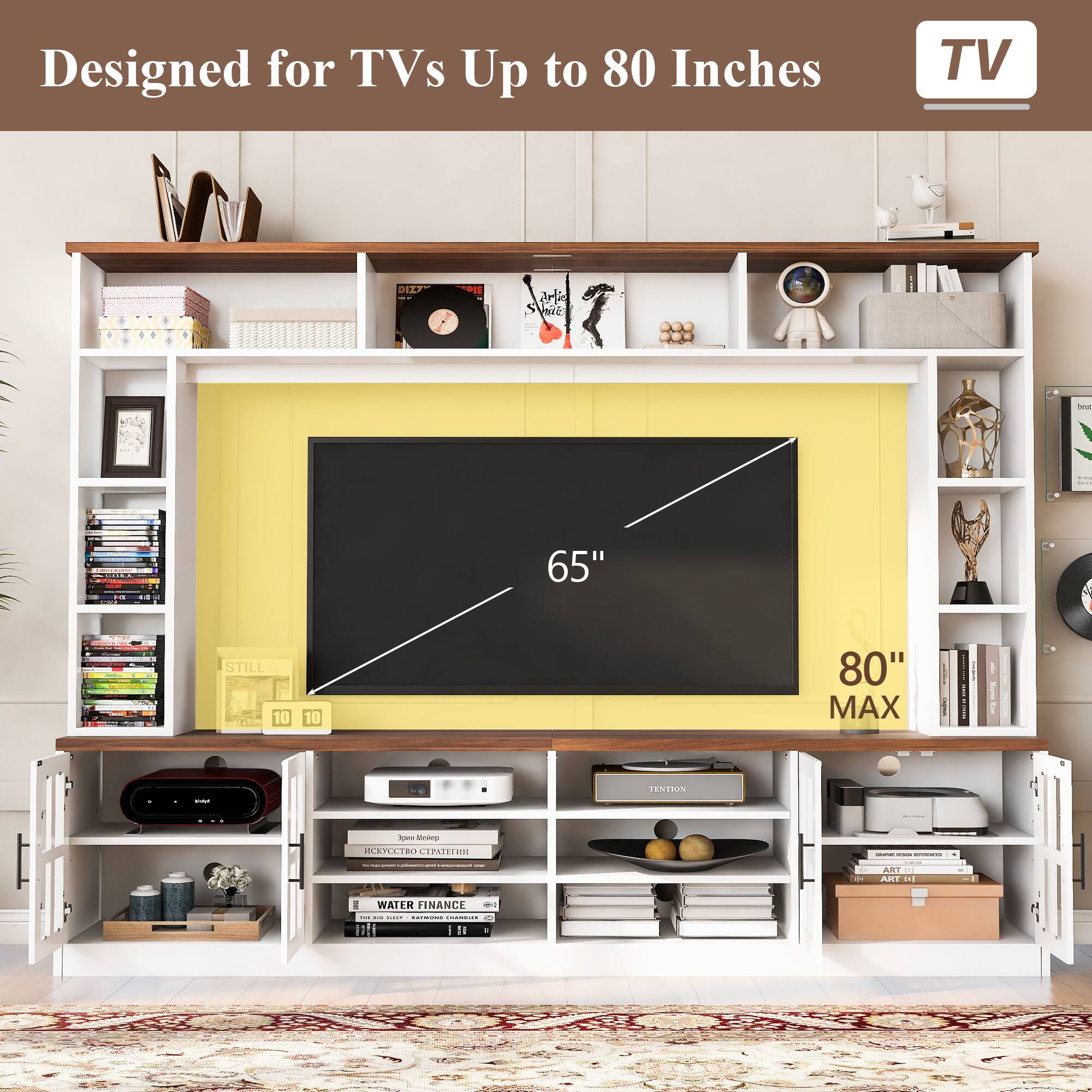 Designed for TVs Up to 80 Inches

TV

DIZZ
PIE
by
Lance - |

65"
5% - - 200ml 
STILL 10
10
80" MAX

TENTION
sour
Welep - - SCROK DESREMOOD | ART = ART 043
WATER FINANCE that BOX SEE NAVING CHIANDIAN Il