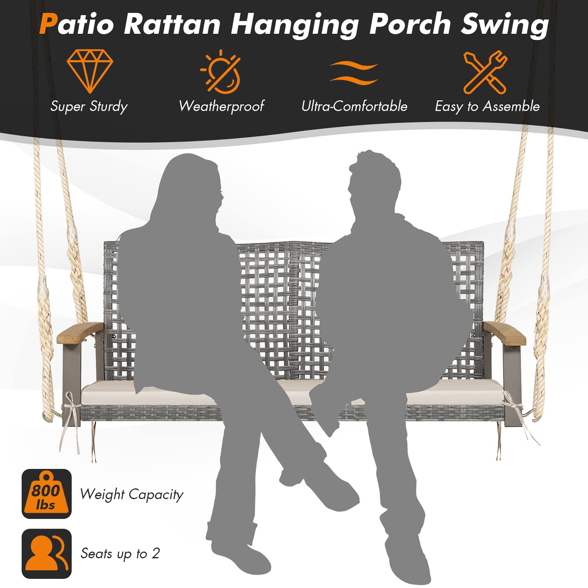 Patio Rattan Hanging Porch Swing
Super Sturdy
Weatherproof
Ultra-Comfortable
Easy to Assemble
800 lbs
Seats up to 2