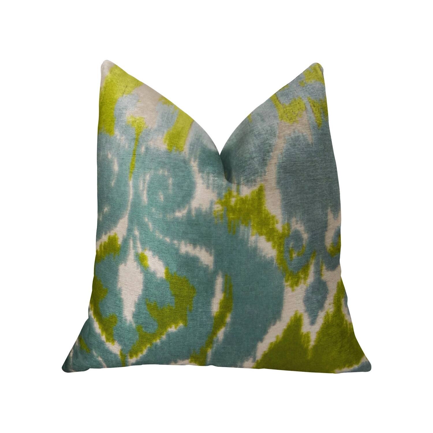 Front. Plutus Brands - Velvet Bliss Water Handmade Throw Pillow (Double sided 12" x 25") - Blue, Citrine, Cream.