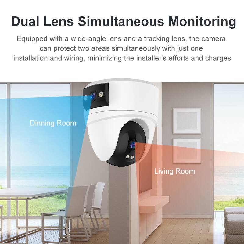 Dual Lens Simultaneous Monitoring

Equipped with a wide-angle lens and a tracking lens, the camera can protect two areas simultaneously with just one installation and wiring, minimizing the installer's efforts and charges.

Dining Room  
Living Room