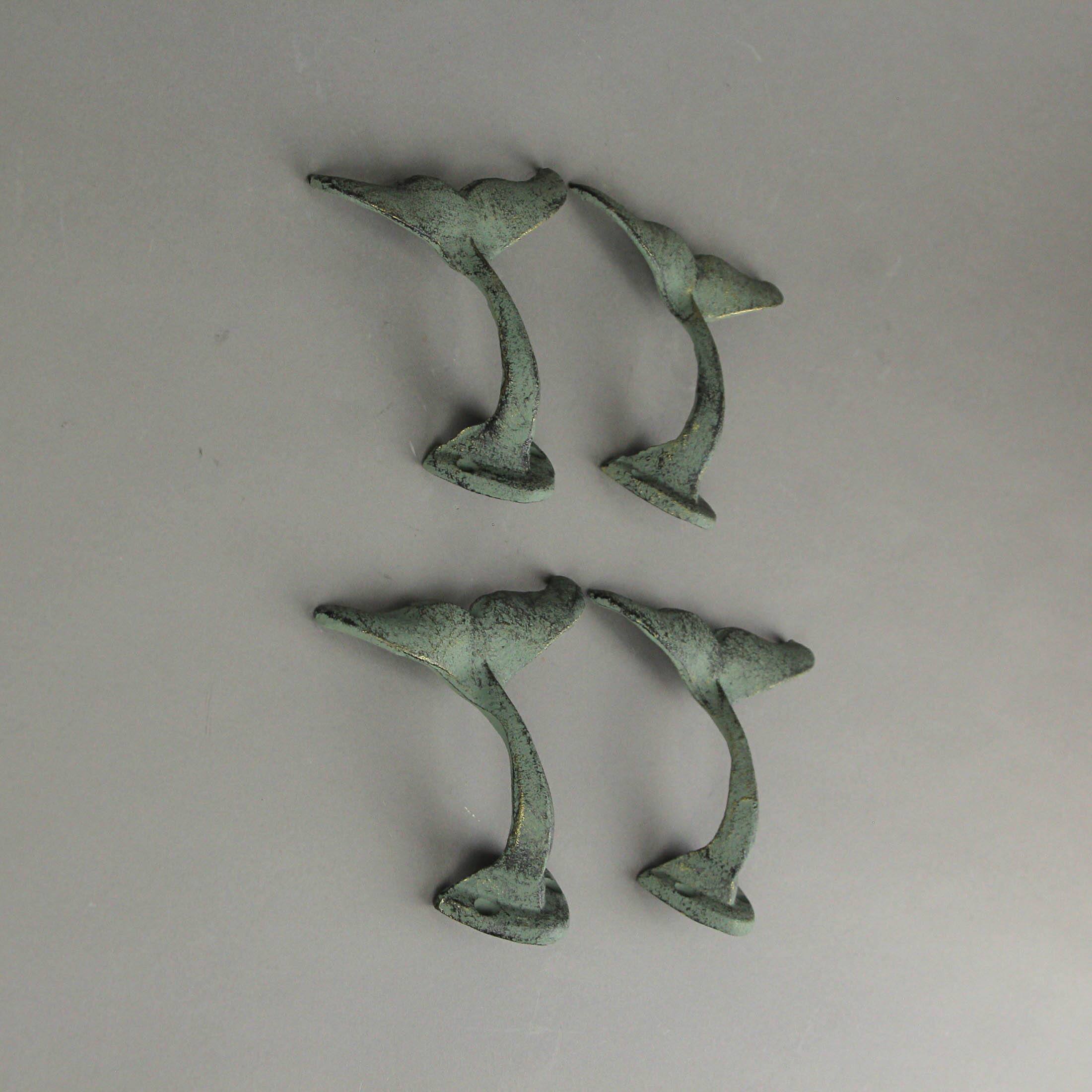 Alt View 3. Zeckos - Set of 4 Green Verdigris Finish Cast Iron Whale Tail Wall Hooks - Green.