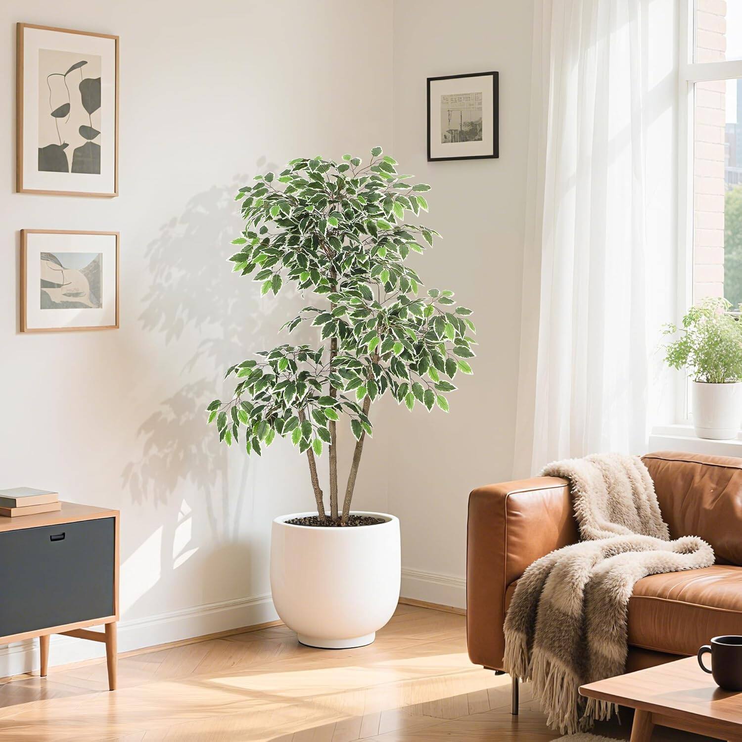 Front. Homhougo - 5ft Artificial Ficus Tree,Tall Faux Floor Plant with White Tall Planter -Fake Plants for Home Decor Indoor - Green.